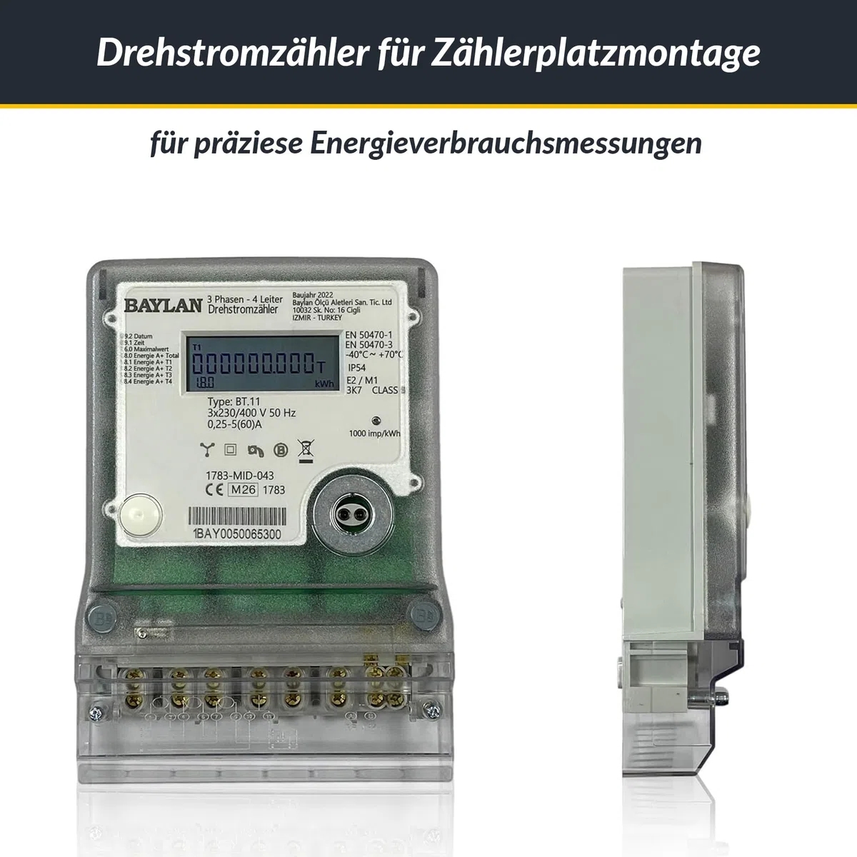 B+G E-Tech [BT.11 - MID 26] Drehstromzähler für Zählerplatzmontage - MID zertifiziert, Direktmessung bis 60A, Einzeltarifzähler mit interner Uhr, IR & RS485 Schnittstelle