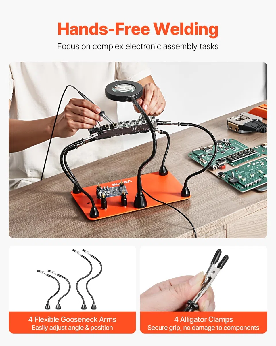 VEVOR Löthilfe Dritte Hand, Magnetische Lötstation, Lötwerkzeug mit 4 flexiblen Armen, mit LED-Vergrößerungslampe, 4 PCB-Säulenhaltern & Basis, für Reparaturen, Basteln, Hobby, Heimwerken