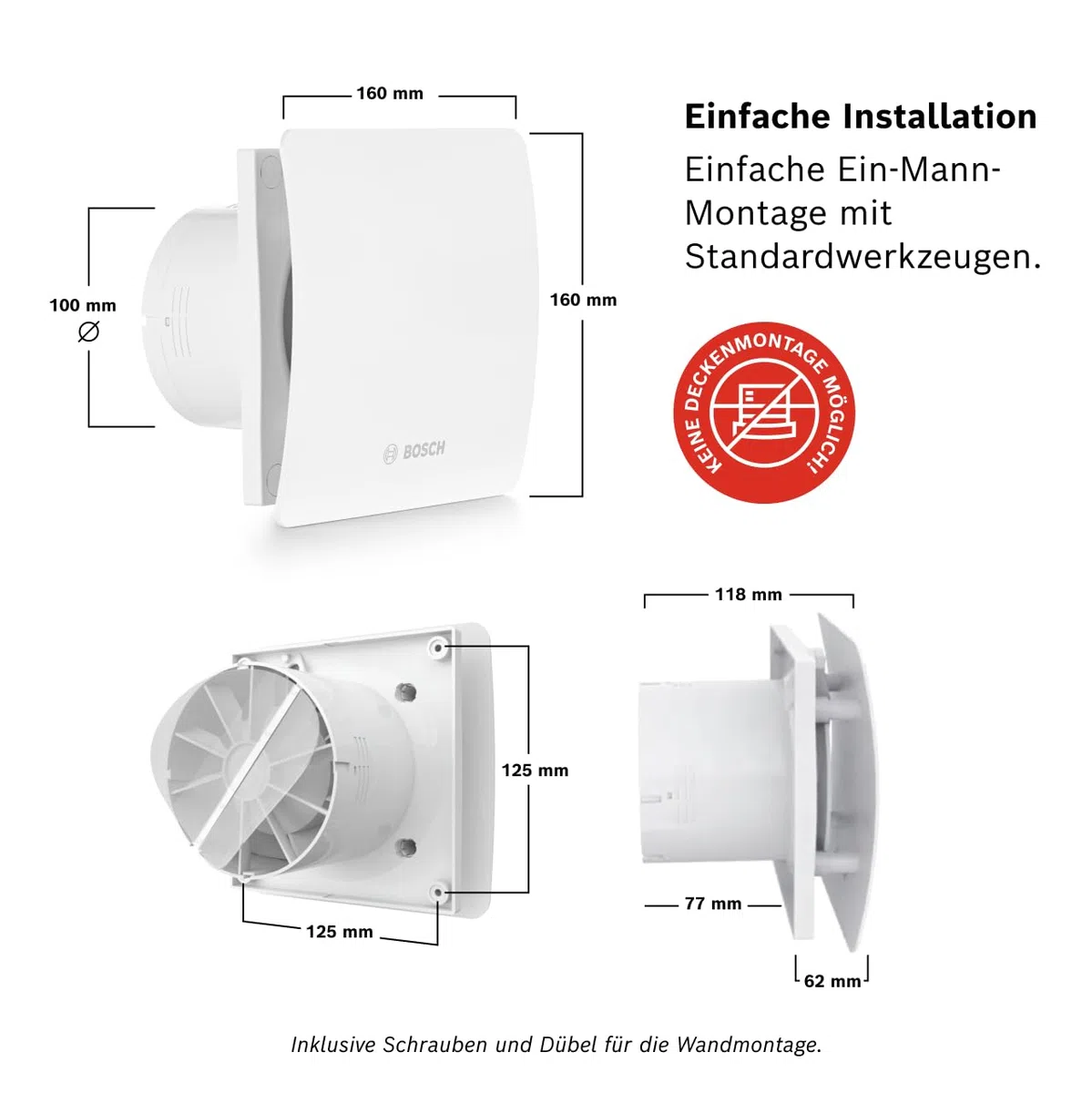 Bosch Badlüfter 1500 DH 100mm - Für Belüftung im Badezimmer und WC, Gegen Feuchtigkeit und Schimmel - Mit Hygrostat und Timer - 100 mm Durchmesser