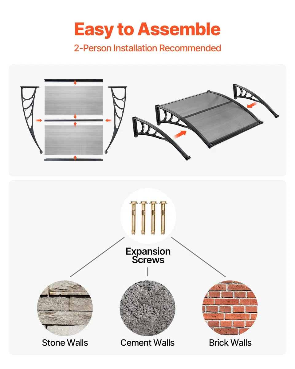 VEVOR Vordach für Haustür, 965x1017 mm, Pultbogenvordach, Überdachung mit Entwässerung & ABS-Halterung, Regen-, Schnee- & Sonnenschutz, Polycarbonat-Türdach für Veranda & Terrasse, Rauchgrau