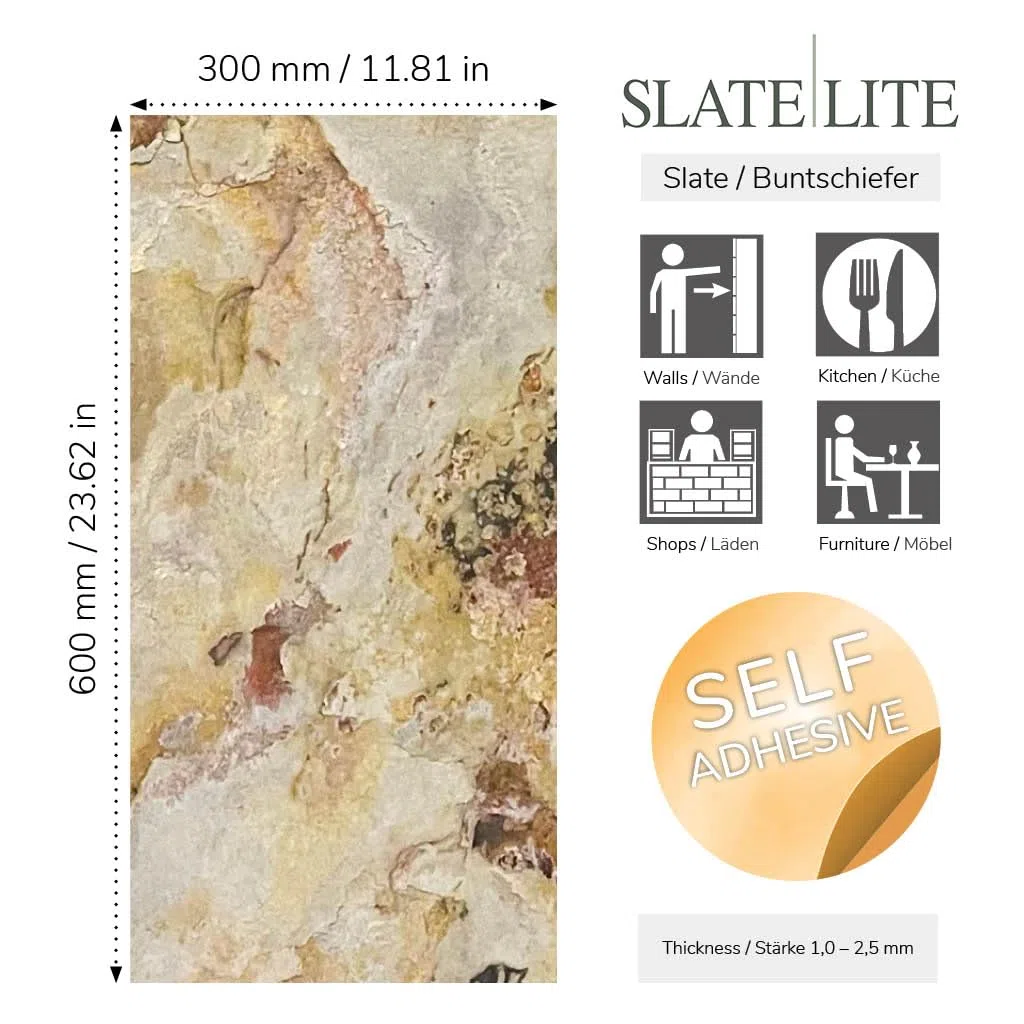 Slate-Lite Stick & Go Steinfurnierfliesen, 30 x 60 cm, 6 Stück, Natursteinoberfläche, einfache Installation, mehrere Farboptionen (fallende Blätter)