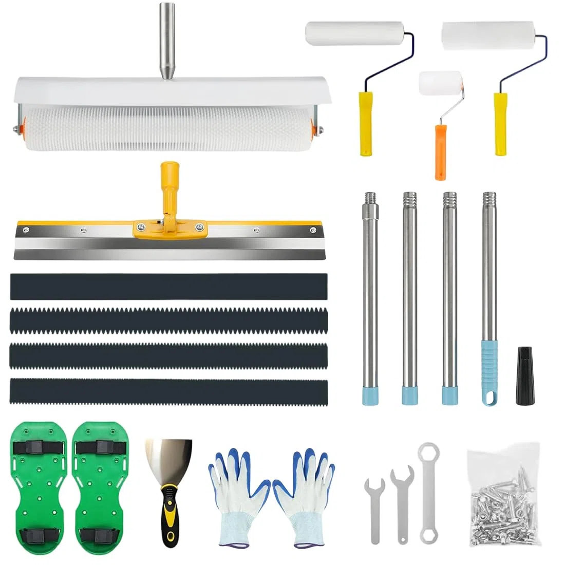 Bodenbeschichtung Entlüftungsroller Set, Stachelwalze Ausgleichsmasse Werkzeug Set, Farbroller, Schaber, Nagelschuhe, Teleskopstange, Handschuh, Glättekelle für Epoxidharz Ausgleichsmasse Boden
