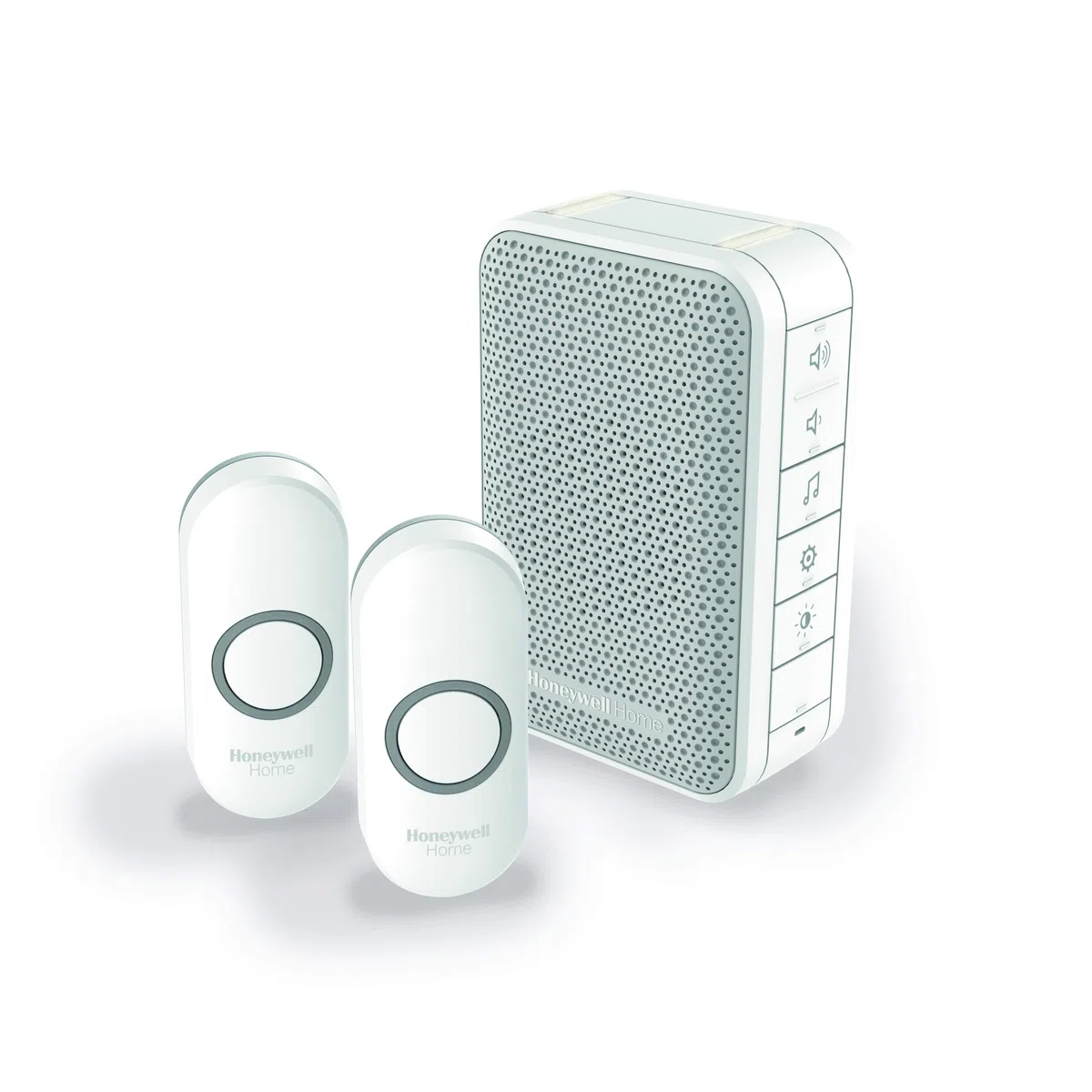 Honeywell DC313NFB Funk Türklingel Set - Funk Klingel mit 2 Klingeltastern - Reichweite bis 150m und 84dB Lautstärke - 6 Melodien und LED Signal - für Vorder und Hintertür - Weiß
