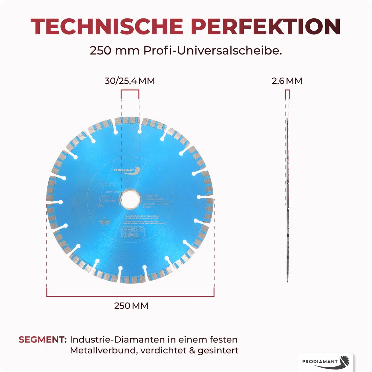 PRODIAMANT Laser Diamanttrennscheibe 250mm x 30 mit Ring 25,4mm Beton Stahlbeton Stein und Ziegel Diamant Turbo-Segmente lasergeschweißt