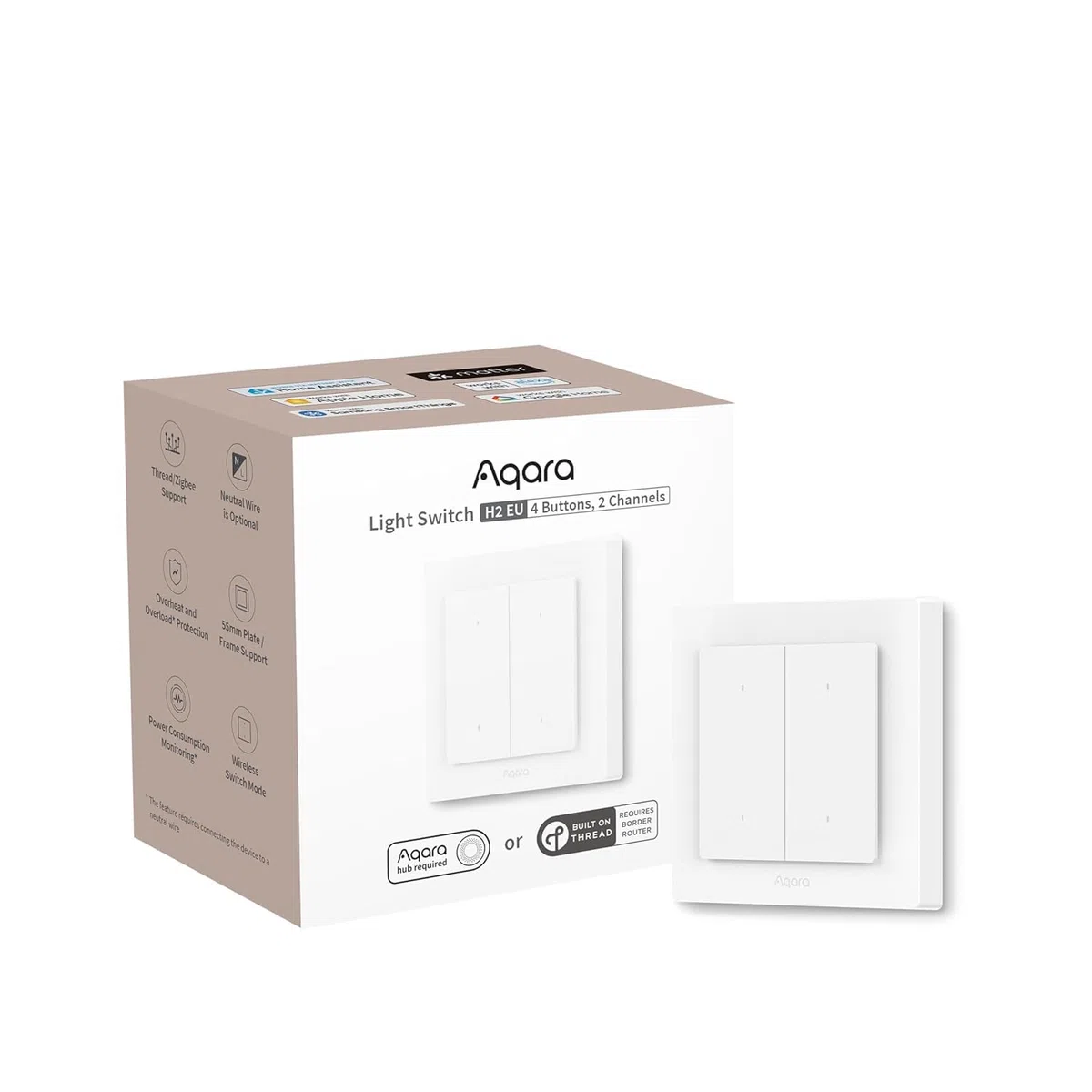 Aqara Lichtschalter H2 EU (2-in-1 Neutral, 4 Tasten 2 Kanäle), Thread/Zigbee-Protokoll, Smarter Wandschalter, Unterstützt Apple Home, Alexa, Google Home und Home Assistant, Matter über Thread