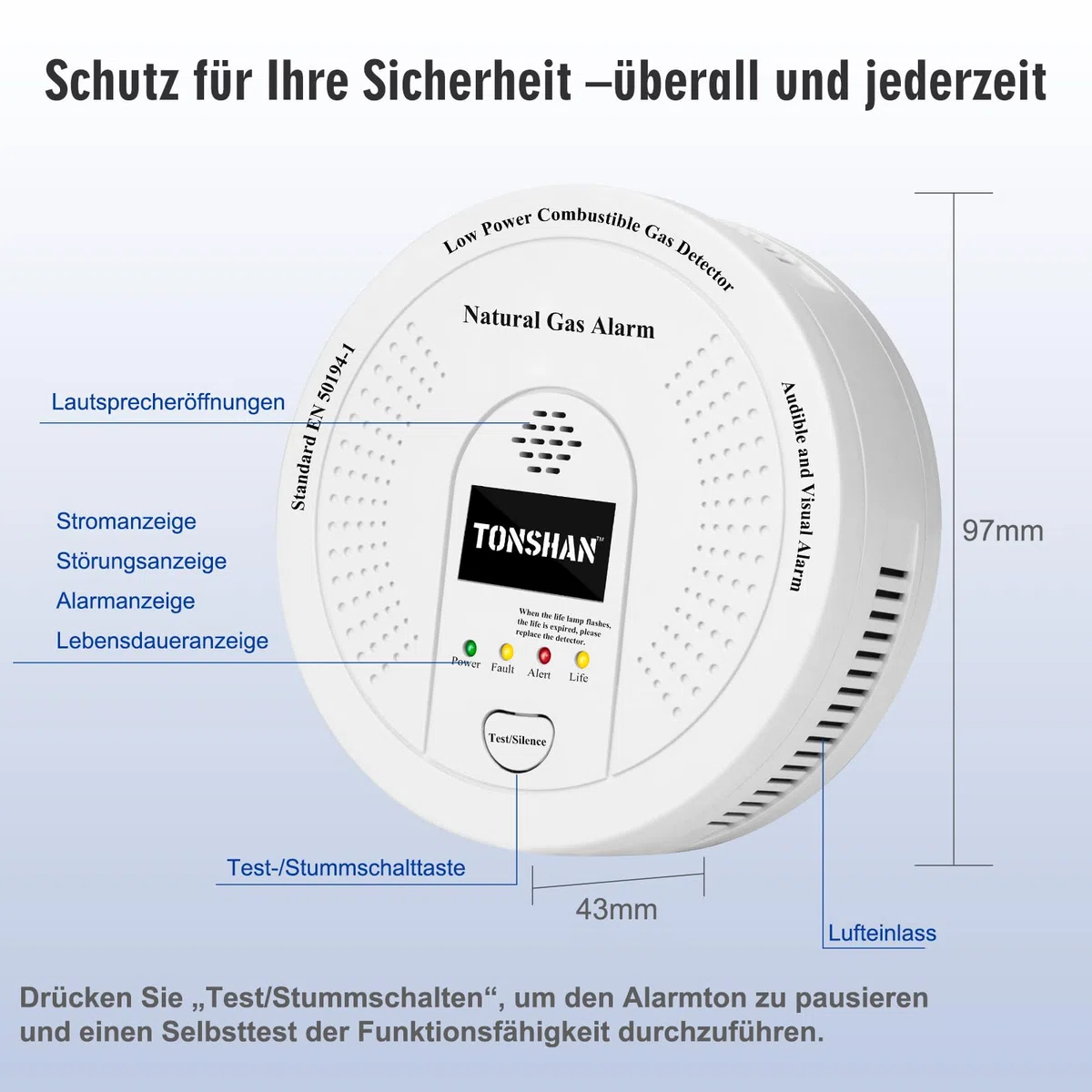 Gasmelder Erdgasdetektor CH4/Propan/Methan 100% Batteriebetrieben - Kombinierter Gasalarm mit Optischem & Akustischem Alarm - Gassensor für Sicherheit in Haushalt (Batterie enthalten)