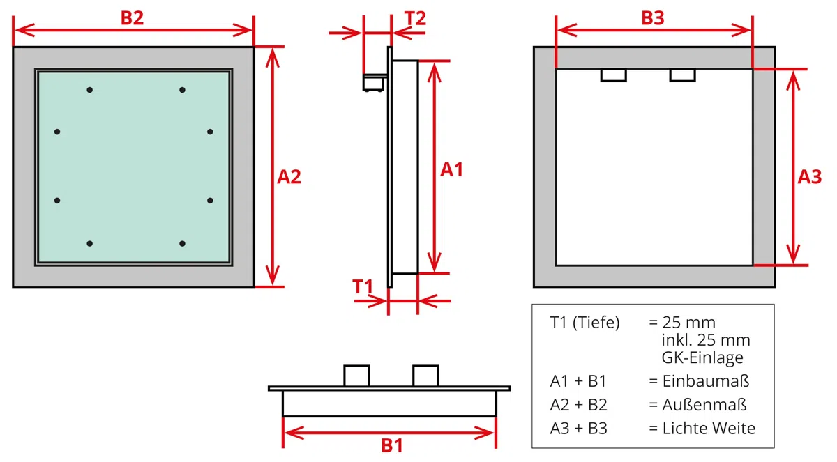 Heka Revisionsklappe 20 x 20 cm (200 x 200 mm) Alu/GK 25 mm aushängbar | Beide Hände frei zum Arbeiten – die ganze Öffnung steht dir offen