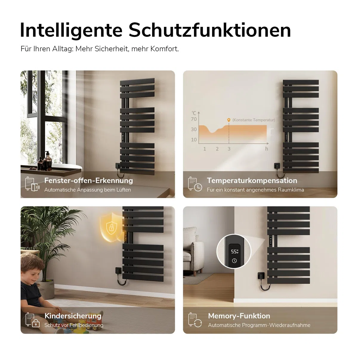 EMKE Elektrischer Handtuchheizkörper 1300x500 mm, Intelligenter Handtuchwärmer mit WiFi-App-Steuerung, Timer & Thermostat, Badheizkörper zur Wandmontage, 440 Watt, IP45, Schwarz