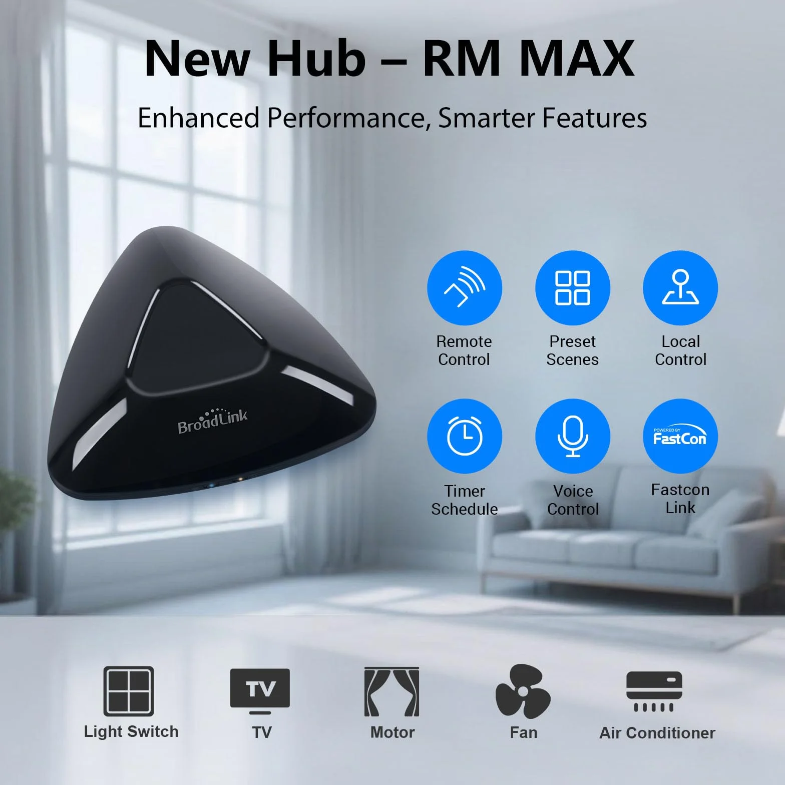 Broadlink RM MAX Smart Home Hub – Universalfernbedienung mit 2.4GHz Wi-Fi & BLE, IR-/RF 433MHz Hub für TV, Klimaanlage & Jalousien, kompatibel mit Alexa & Google Home