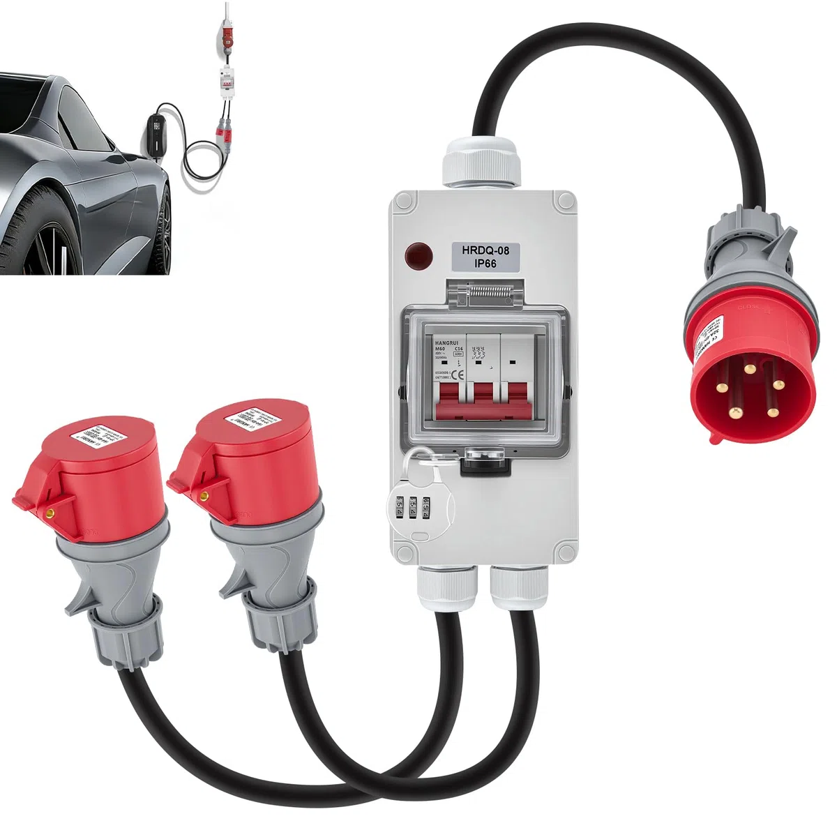 CEE Adapter 32A auf 16A x 2, Starkstrom Verteiler mit Leitungsschutzschalter, 3-phasig, 400V, Reinem Kupfer 5-polig IP44 CEE Stecker mit Schutzabdeckung, für Baustelle Werkstatt Industrie Caravan Wohn