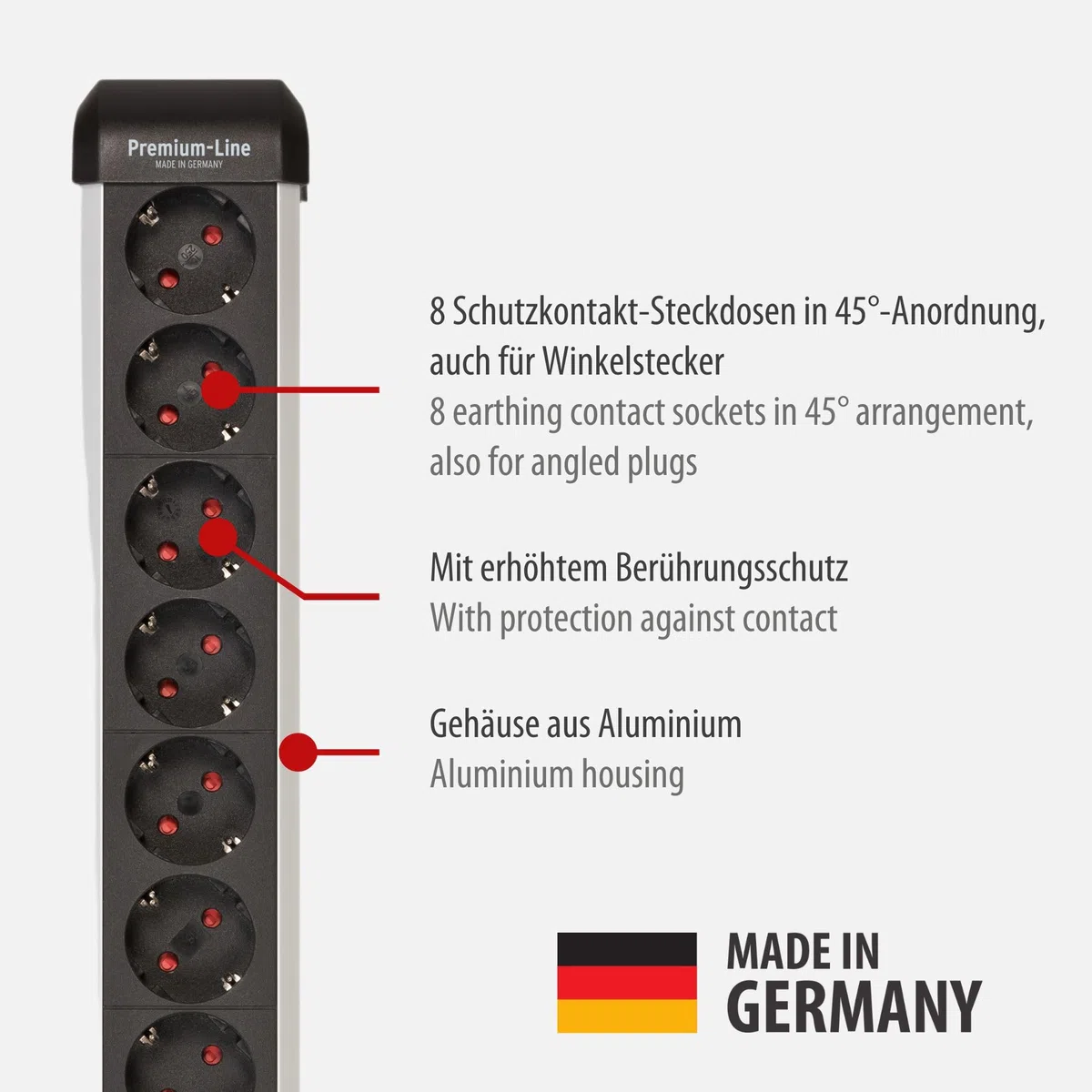 Brennenstuhl Premium-Protect-Line Steckdosenleiste 8-Fach mit Überspannungsschutz 60.000A (Mehrfachsteckdose mit Schalter und 3m Kabel, Made in Germany) Silber/schwarz