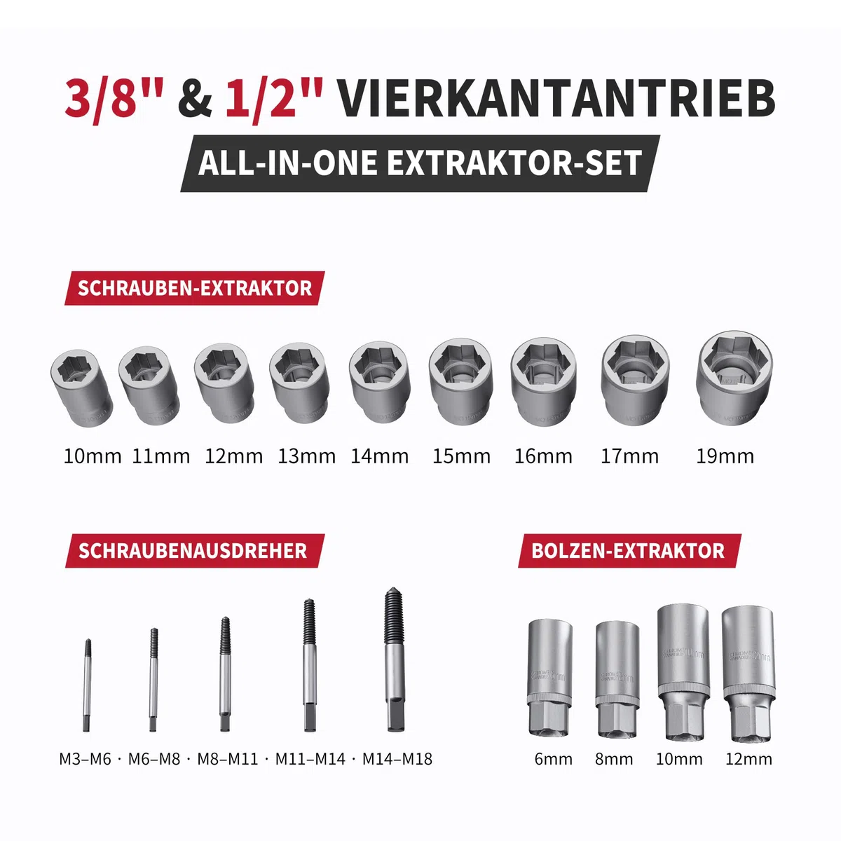 CCLIFE Schrauben-& Bolzen-Extraktor Steckschlüssel-Set, 3/8"(9 Größen 10–19mm)+1/2"(4 Größen 6–12 mm)+M3–M18 Schraubenextraktoren, aus Chrom-Vanadium-Stahl, Handbetrieb, für Auto-Reparatur&Heimwerker