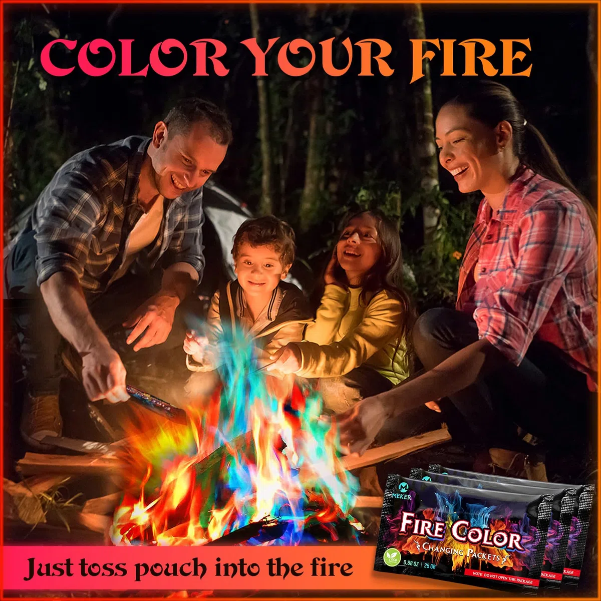 MEKER Feuerfarbwechsel-Pakete – Feuerstelle, Lagerfeuer, Outdoor-Kamine, Lagerfeuer – buntes wechselndes Feuer – perfektes Feuer-Camping-Zubehör für Kinder und Erwachsene (48 Stück)