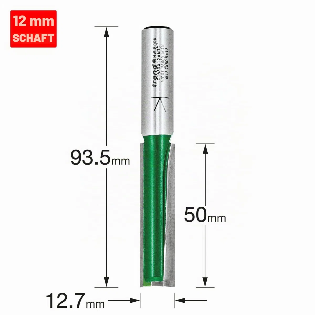 Trend CraftPro Zweischneidiger Spiralnutfräser, 12 mm Schaft, 12,7 mm Schnittdurchmesser & 50 mm Schnittlänge, Hartmetallbestückt, C153DX12MMTC