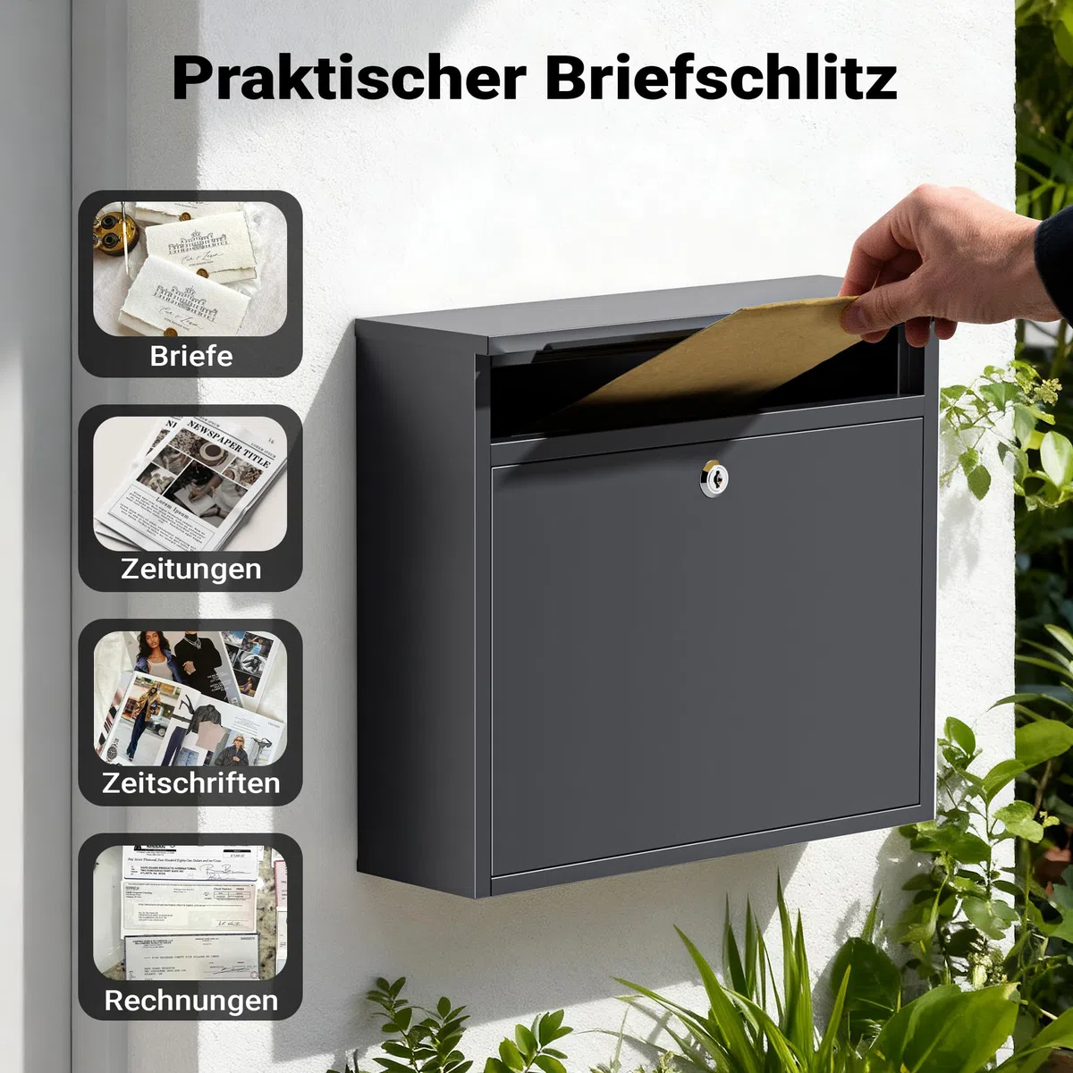 Wiltec Briefkasten V13 Anthrazit 360 x 105 x 315 mm, Wandbriefkasten mit Schloss und Klappe, Postkasten aus Stahl pulverbeschichtet