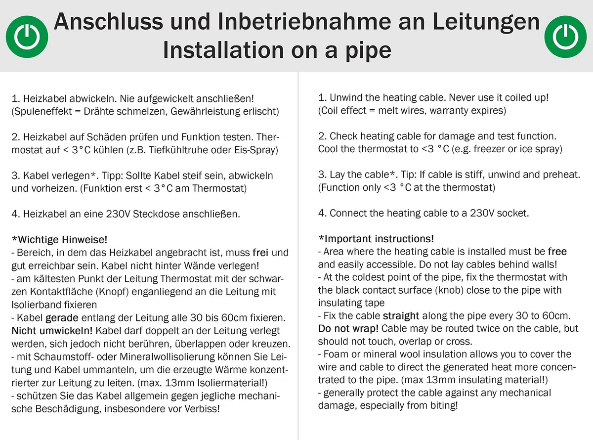 Frostschutz Heizkabel mit Knopf-Thermostat, Pflanzen-Heizung, 12m, 192 Watt, 230V, wasserdichte Heizleitung für Rohre und Pflanzen, Rohrbegleitheizung