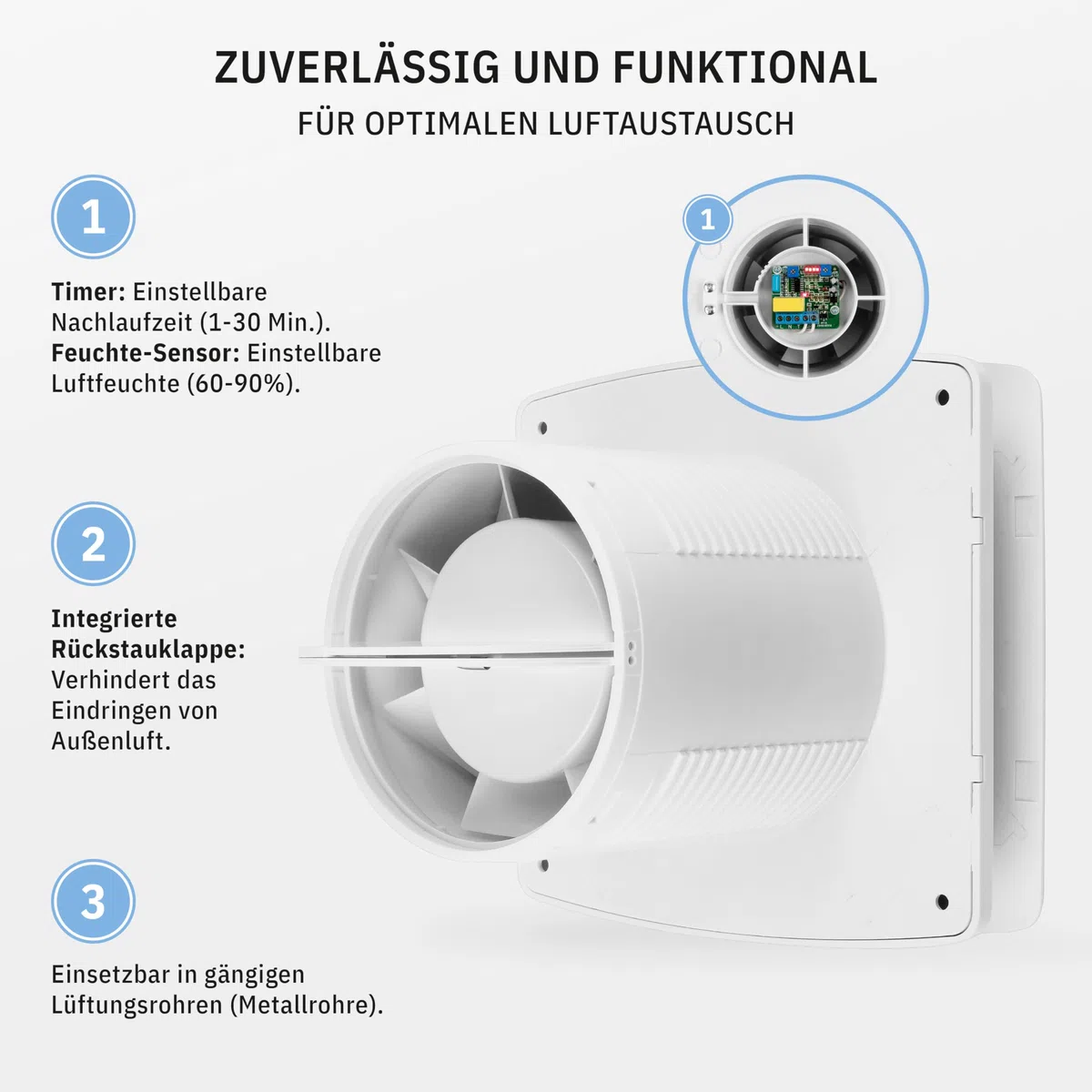 BREEZE Badlüfter 100mm Mit Nachlauf Und Rückstauklappe, Badlüfter Mit Feuchtigkeitssensor, Energieeffizient, Leise, Kunststoff 12 W, 95m³/h, 32db, Ipx4