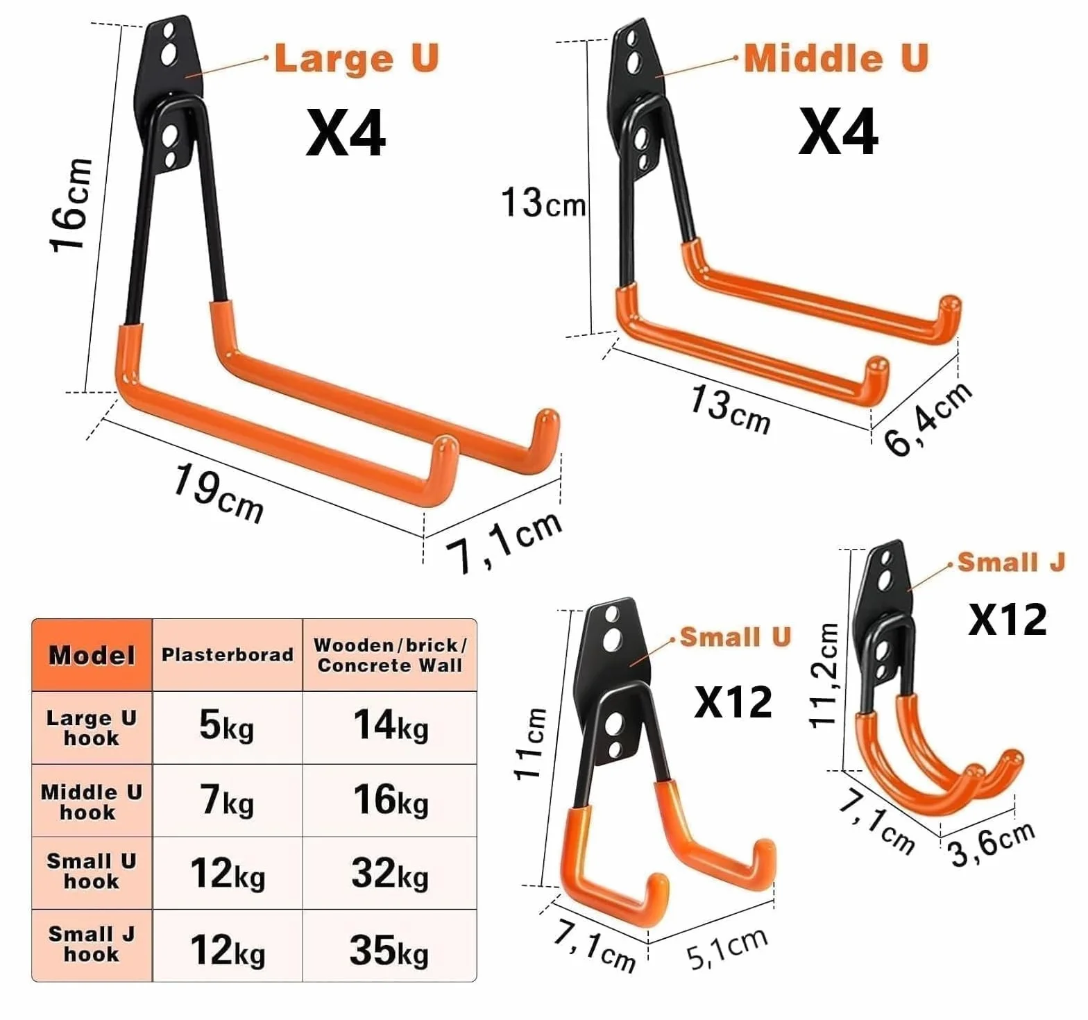 GUDEMAY 32-teiliges Garagenhaken Set Schwerlast Wandhaken für Garage | Wandhalterung für Werkzeuge, Fahrräder, Leitern, Schlauch und Gartengeräte, mit Schrauben & Anti-Rutsch-Beschichtung, Orange
