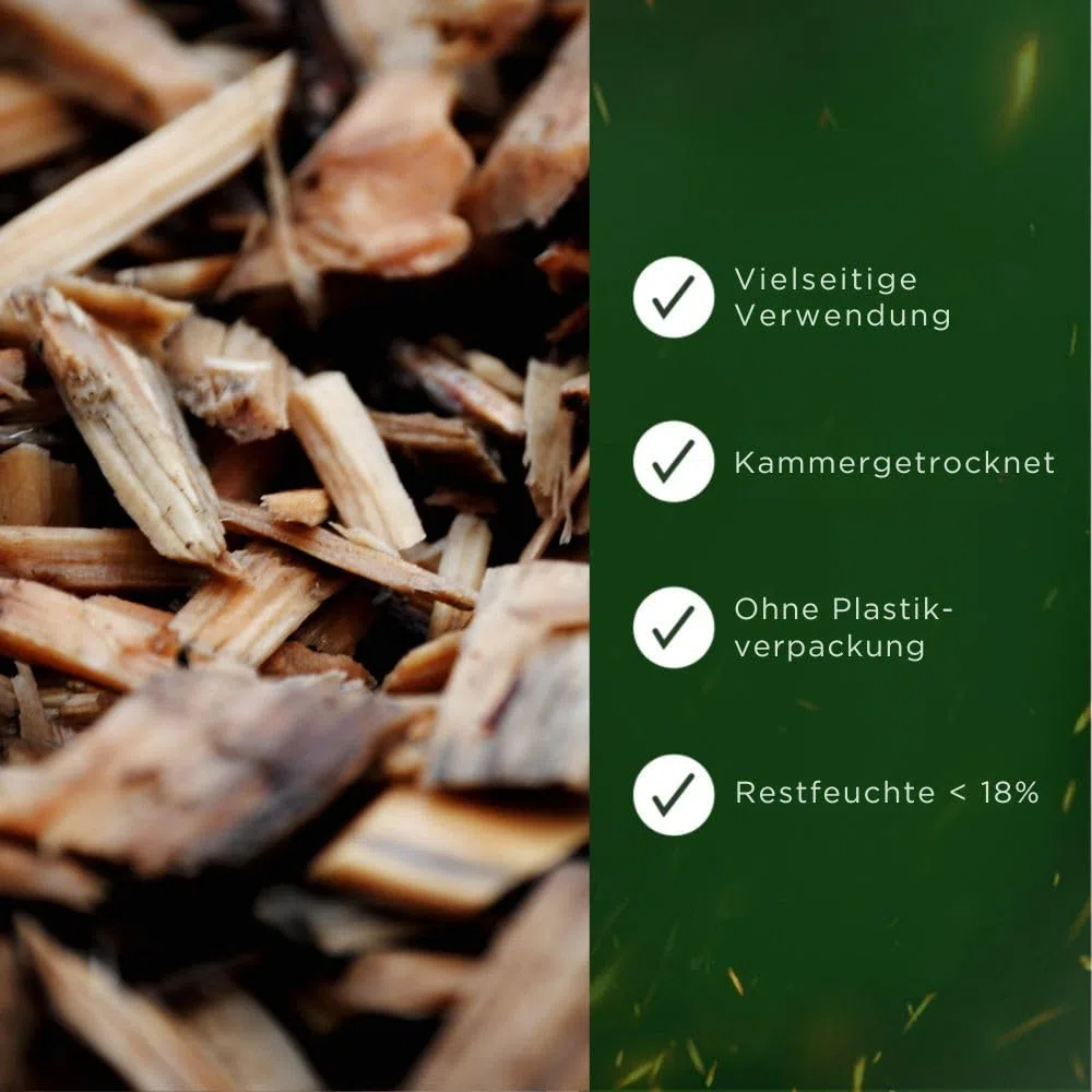 Hackschnitzel 200 Liter für den Garten - Ideal für Hackschnitzelheizung und als Anzünder - trockene Kiefer Holzhackschnitzel - Rindenmulch-Ersatz für Spielplatz, Gartenwege und Beete