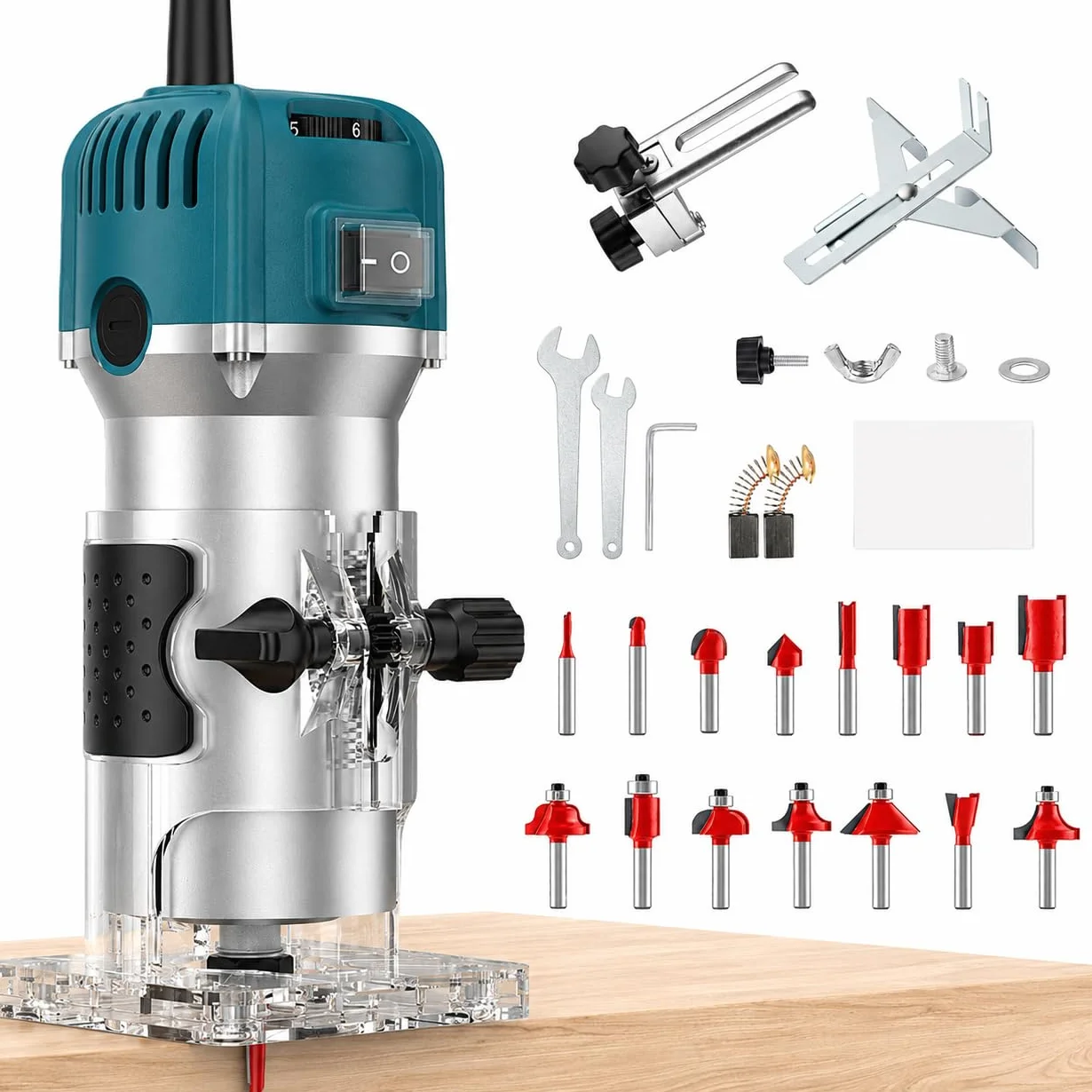 VOBOR Holzfräse Oberfräse, 800W 30000 U/min Elektrik Kantenfräse mit 15 Pcs 1/4" Fräsen Cuter, 6 Variable Geschwindigkeiten 6mm, 6.35mm Spannzange für die Holzbearbeitung