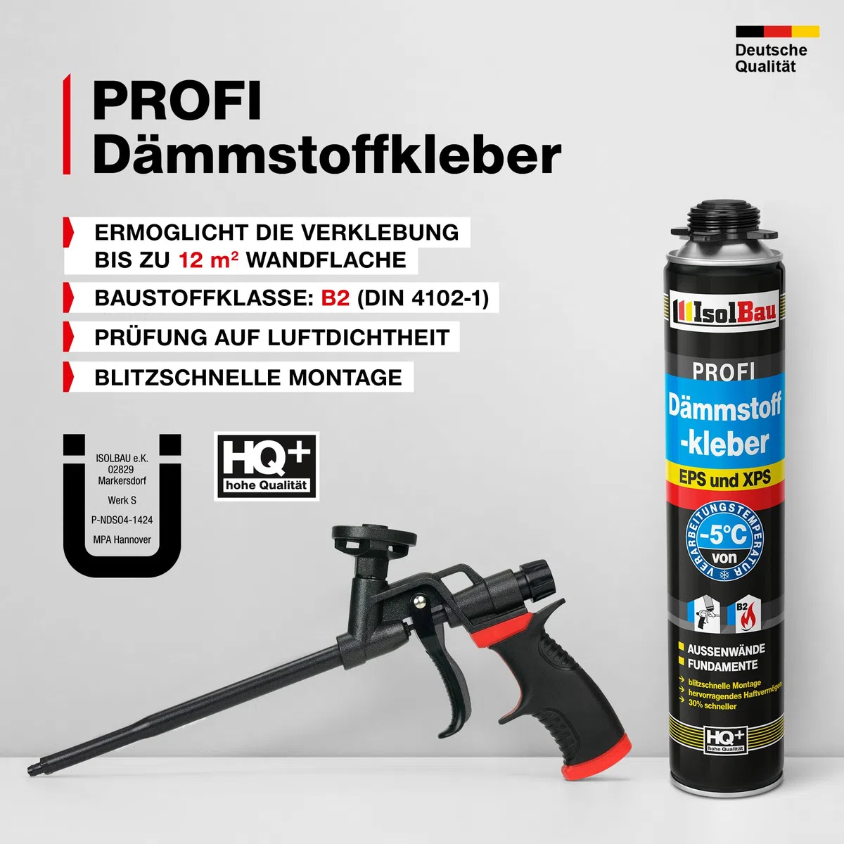 Isolbau B2 Dämmstoffkleber SET - 4 x 750 ml Perimeterkleber, 1 x PU-Schaum-Reiniger & 1x Schaumpistole für EPS & XPS-Platten - 1K PU-Klebeschaum für Fixieren und Isolieren