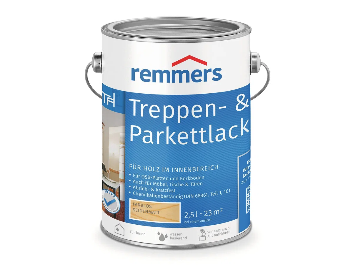 Remmers Treppen- & Parkettlack farblos seidenmatt, 2,5 Liter, Holz Versiegelung für innen, Versiegelungslack zum Streichen, abrieb- & kratzfest