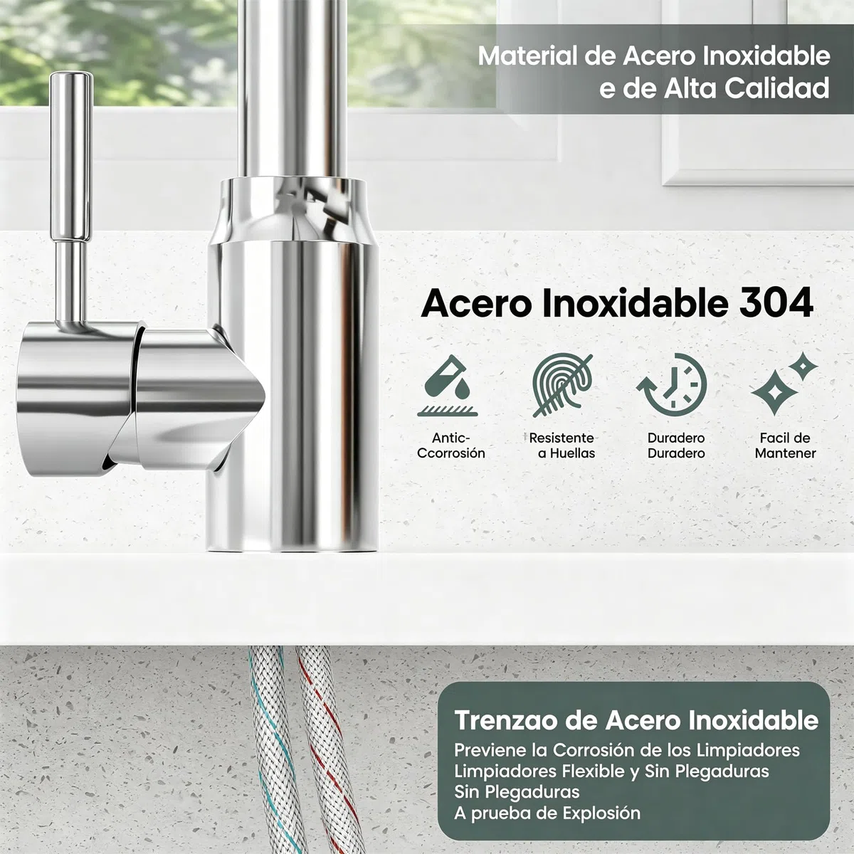 Einhebel-Küchenarmatur aus Edelstahl (Grohe-Style), Hochglanz-Chrom-Oberfläche (Silber) – inkl. Montagezubehör, kompatibel mit britischen Standardanschlüssen (Drahtumwickelt, Silber)