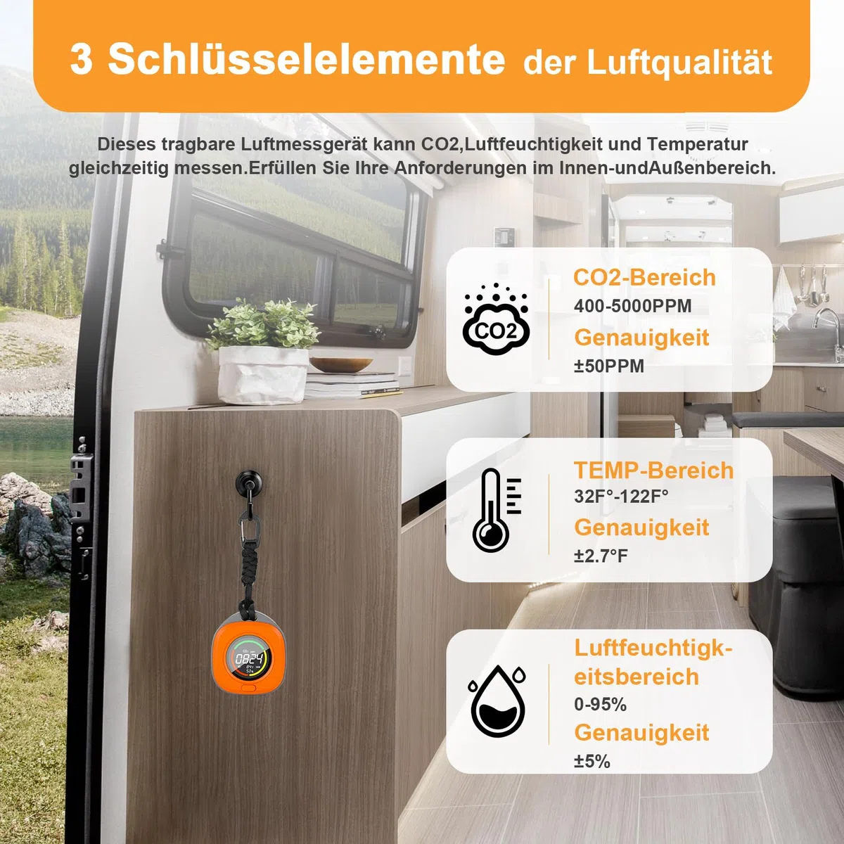 Tragbarer CO2 Melder, Mini CO2 Messgerät Luftqualitätsprüfer, CO2 Sensor mit Vollfarb LCD, Kontrollleuchte, Alarm, Automatische Kalibrierung, für Zuhause, Büro, Gewächshaus (Orange)