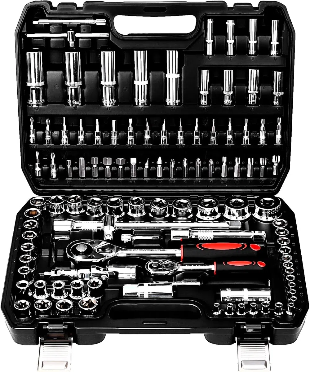 TLGREEN 108-teilig Steckschlüsselsatz Cr-V Steckschlüssel Set Ratschenkasten Knarrenkasten mit 1/4" und 1/2" 72 Zähne Umschaltknarre Sechskant Steckschlüsseleinsatz für Auto Motorrad Fahrrad Heim