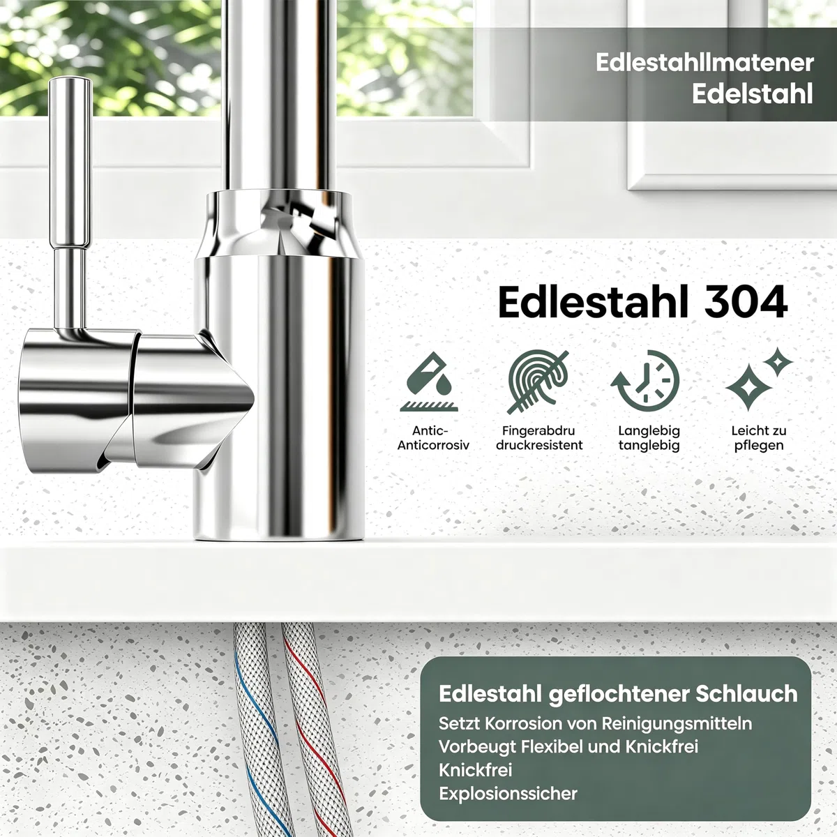 Einhebel-Küchenarmatur aus Edelstahl (Grohe-Style), Hochglanz-Chrom-Oberfläche (Silber) – inkl. Montagezubehör, kompatibel mit britischen Standardanschlüssen (Drahtumwickelt, Silber)