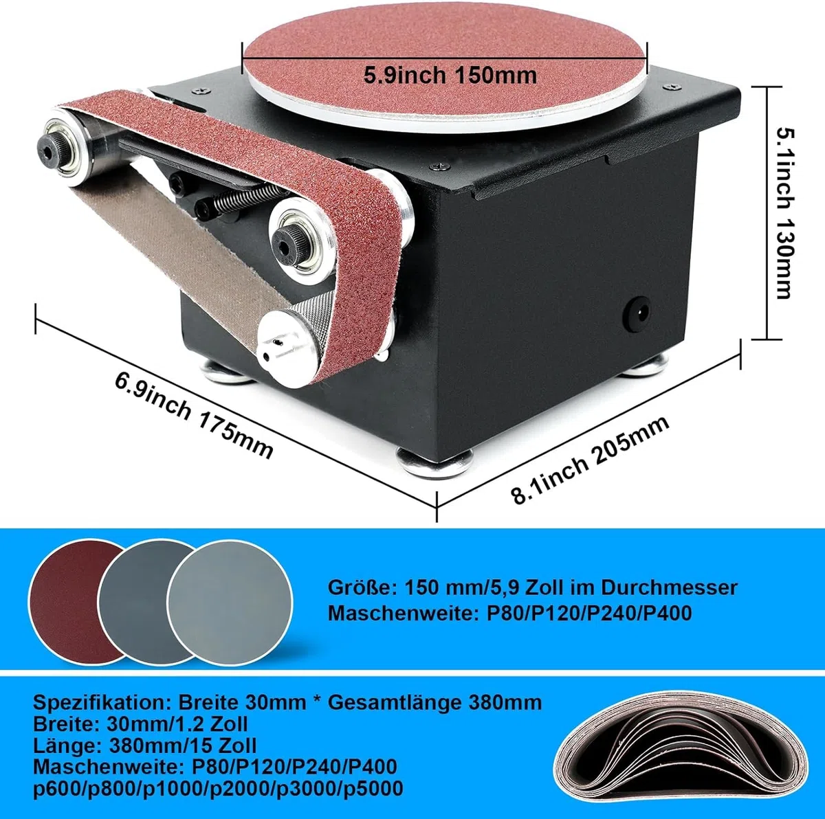 Band und Tellerschleifer 350W Leistung Durchmesser des Schleiftellers 150mm,Mini Bandschleifer Lieferung mit 10 Blatt Schleifpapier und 10 Schleifbändern, Geeignet zum Schleifen von Metall, Holz usw