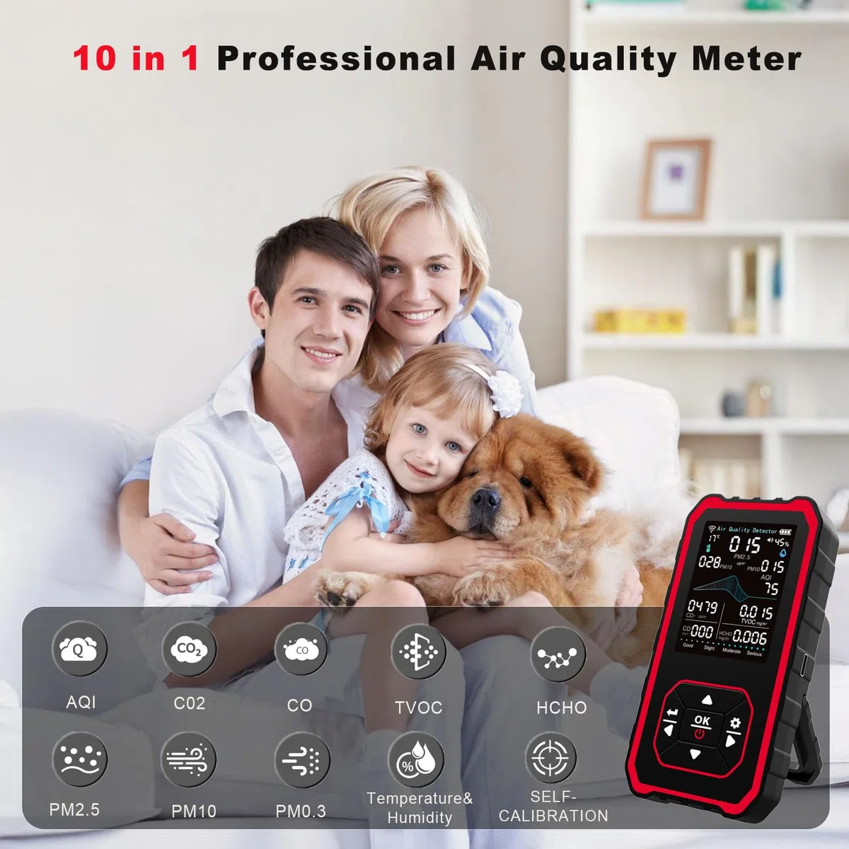 10 in 1 Indoor Air Quality Detector PM Detector CO2 Monitor, with Temperature & Humidity for Testing PM2.5/PM10/HCHO/TVOC/AQI USB Charging for Home Offices or Schools