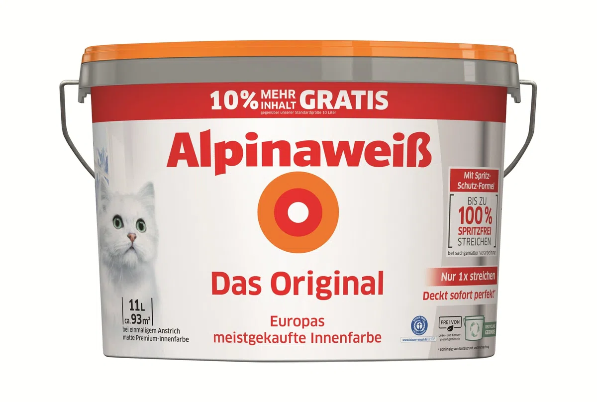 Alpinaweiß Das Original – optimal deckende und ergiebige weiße Wandfarbe – mit Spritz-Schutz-Formel – 11 Liter
