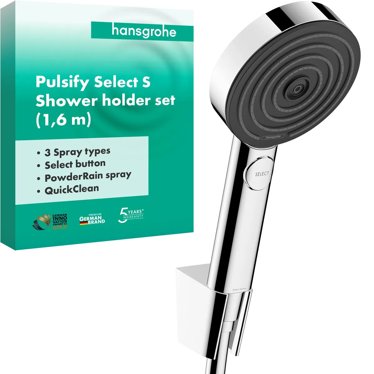 hansgrohe Duschset Pulsify Select S, Duschkopf mit Schlauch und Halterung, Handbrause mit 3 Strahlarten Relaxation, Chrom