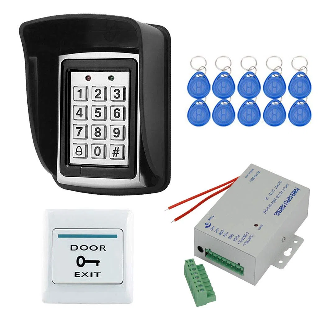 YAVIS RFID Metall Codeschloss Türöffner Tastatur Zugangskontrolle System Kit Set 125 kHz EM Kartenleser Weigang 26 + Wasserdichter Regen Cover + Netzteil + Exit-Taste + 10 RFID ID Schlüsselanhänger