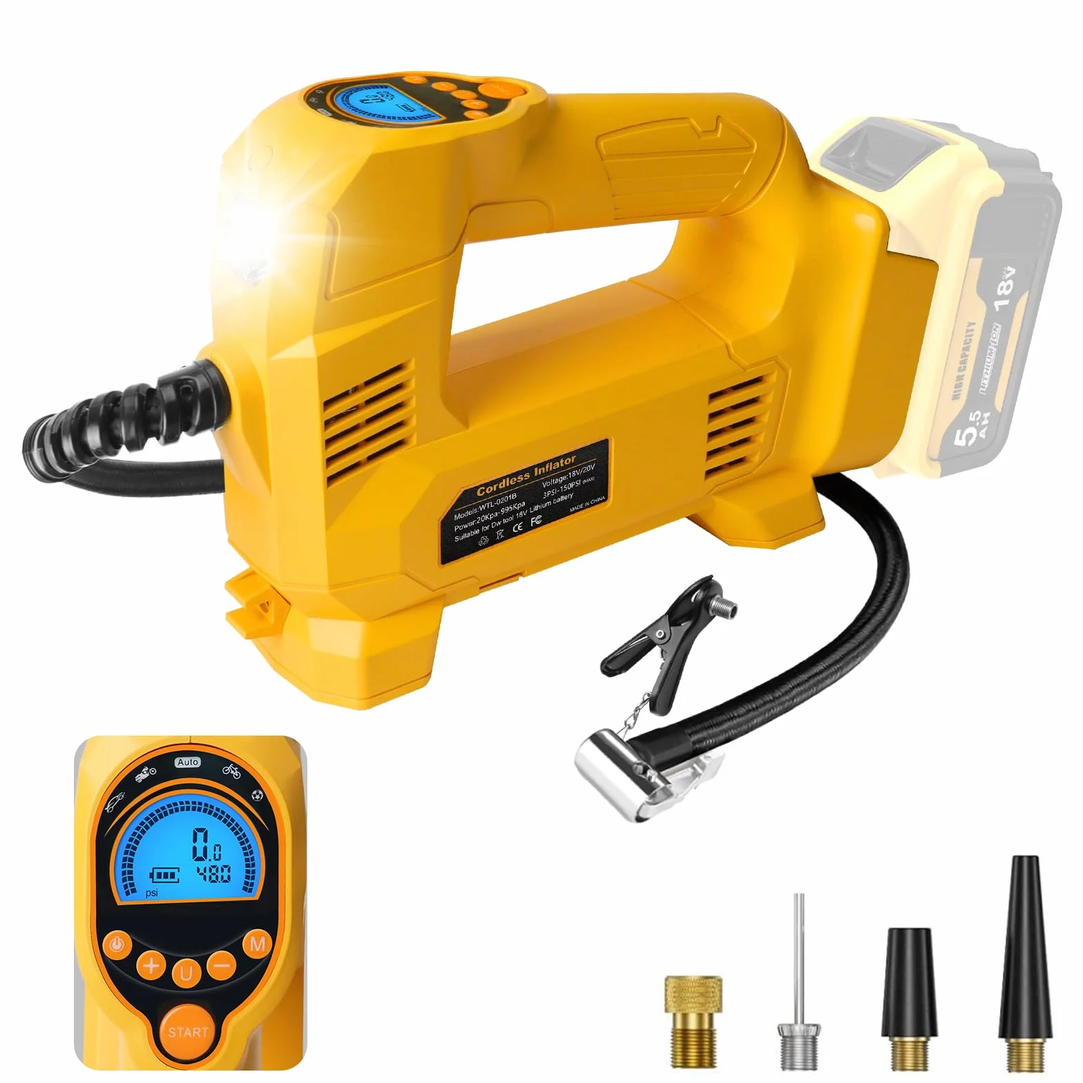 QUPERR Akku Kompressor kompatibel mit Dewalt 18V Akku, Elektrischer Luftkompressor bis 10,34 bar mit LED-Licht & Autostopp, Tragbare Luftpumpe für Auto, Motorrad, Fahrrad, Bälle (ohne Akku)