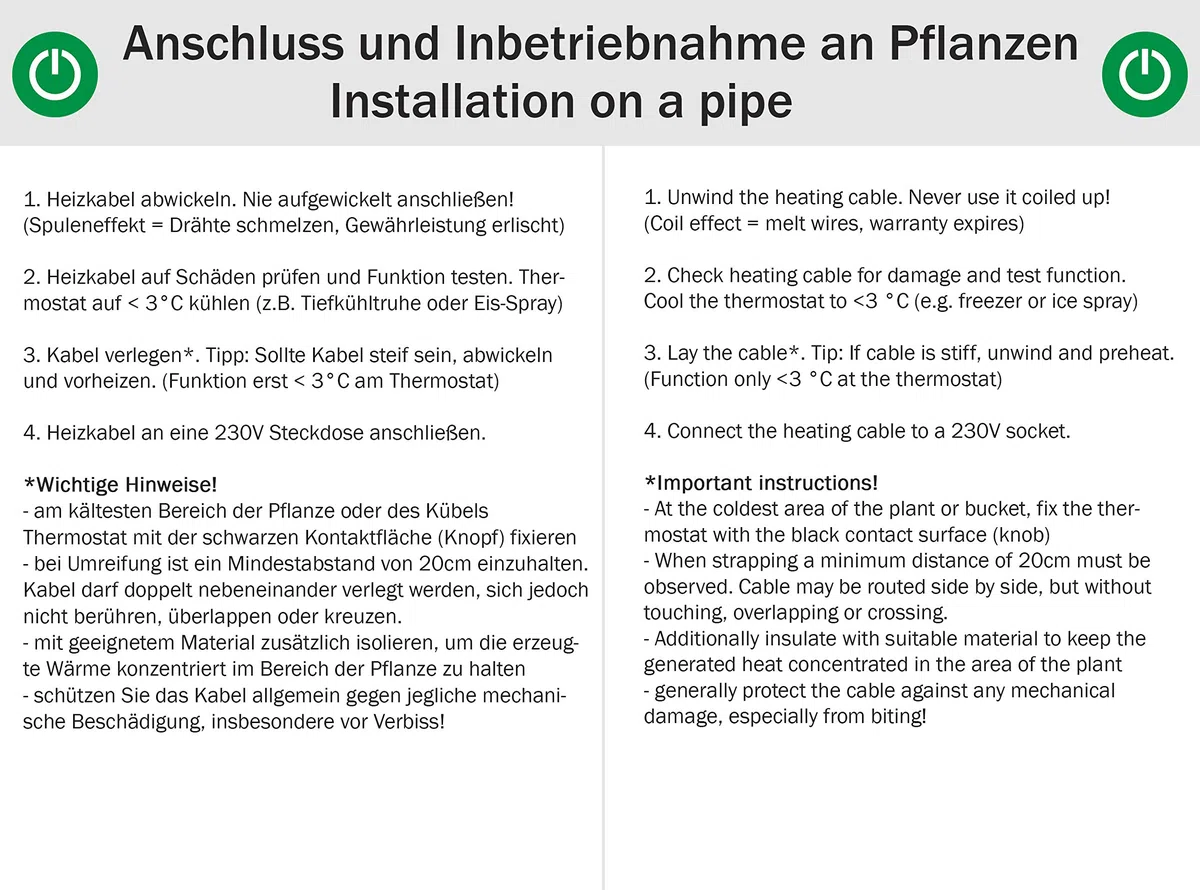 Frostschutz Heizkabel mit Knopf-Thermostat, Pflanzen-Heizung, 12m, 192 Watt, 230V, wasserdichte Heizleitung für Rohre und Pflanzen, Rohrbegleitheizung