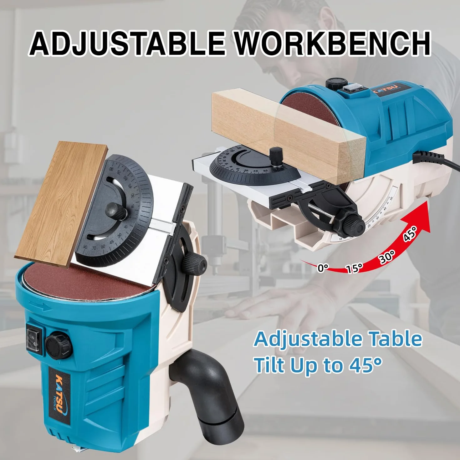 KATSU Tools Mini-Tellerschleifer 140 W 125 mm – Elektro-Schleif/Poliermaschine Holz, einstellbare Geschwindigkeit, Alu-Schwenktisch, Schleifscheiben