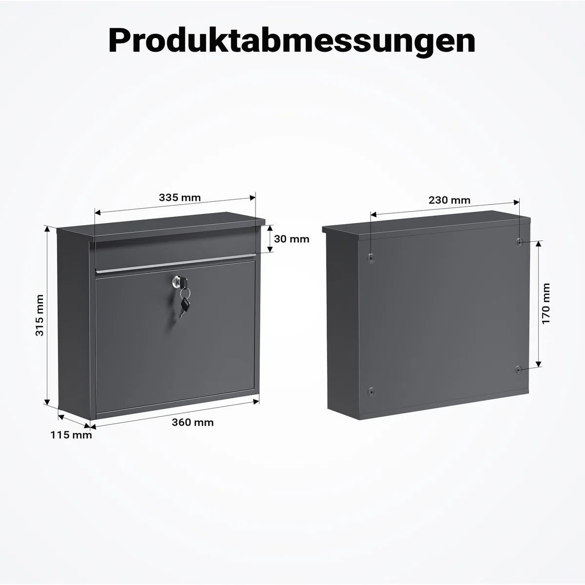 Wiltec Briefkasten V13 Anthrazit 360 x 105 x 315 mm, Wandbriefkasten mit Schloss und Klappe, Postkasten aus Stahl pulverbeschichtet