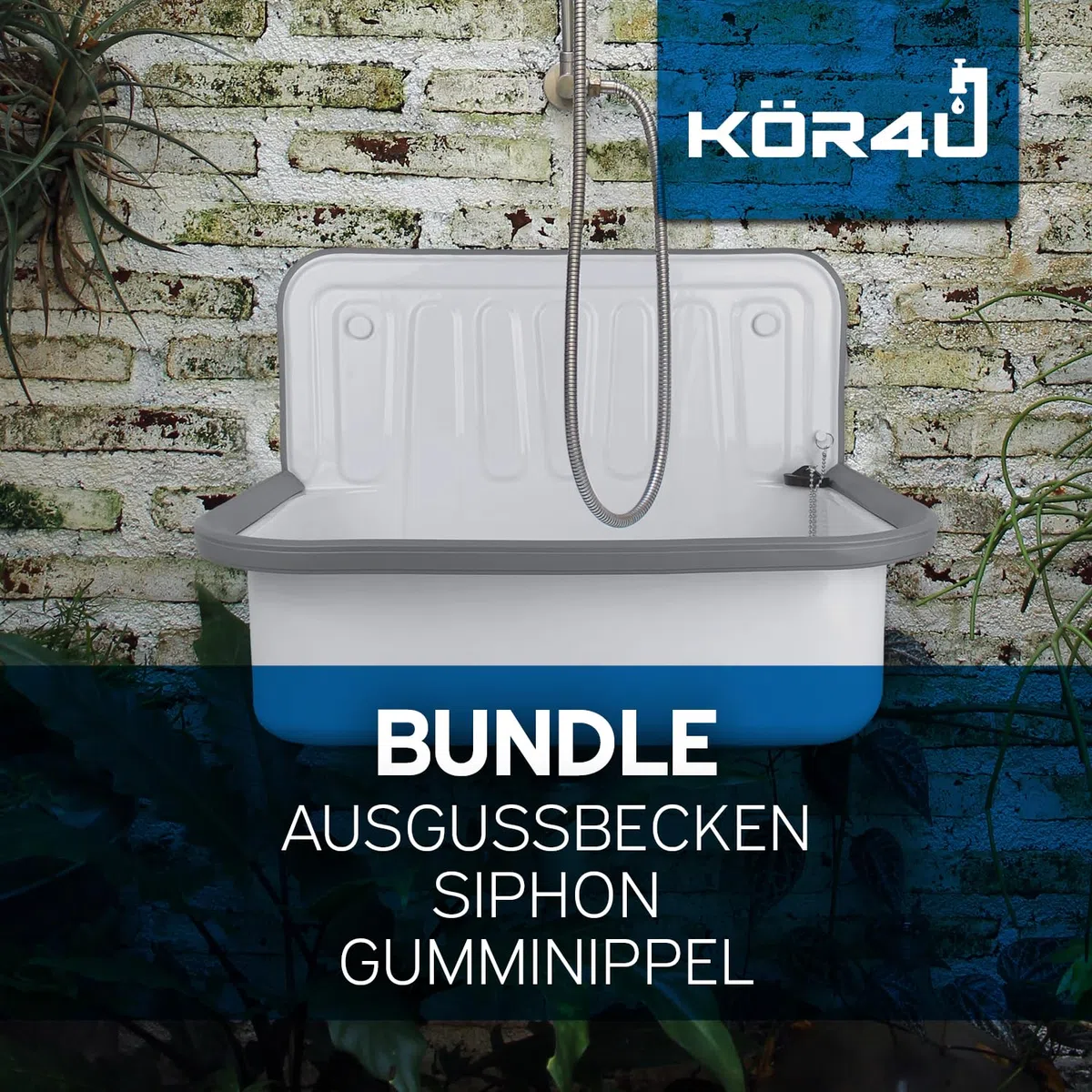 kör4u Komplettset Ausgussbecken weiß 50cm, aus robustem Stahl, inkl. Abflussstopfen, Kunststoff Siphon weiß 1 1/2 Zoll x 40mm, Gumminippel DN 40/50