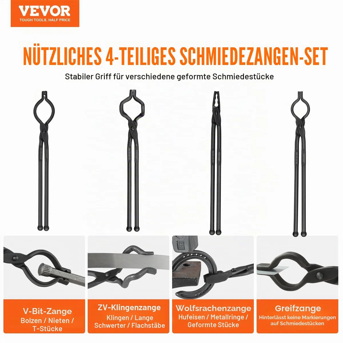 VEVOR Schmiedezange-Set, V-Bit, Wolf, ZV, Greifzange 4 Stk. Kohlenstoffstahl Schmiedezange, 465 x 60 x 19 mm / 461 x 68 x 18 mm / 458 x 38 x 19,0 mm / 463 x 78 x 52,3 mm, mit Verlängertem Griff
