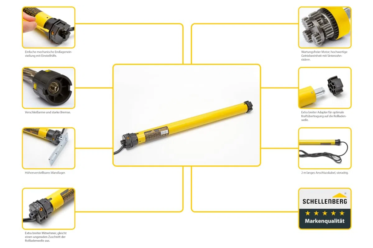 Schellenberg 20110 Rolladenmotor MINI Standard 10 Nm, mechanische Endlageneinstellung, Rohrmotor für 40 mm Welle, bis 6 m² Rollladenfläche, Set inkl. Wandlager