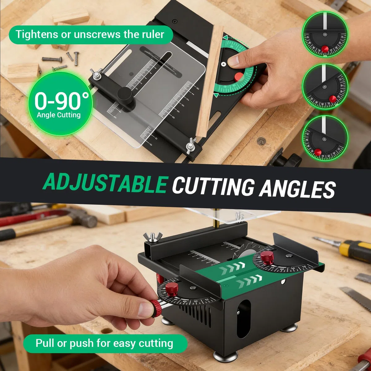 Mini Tischkreissäge mit 4 Klingen, 100W Mini Tischsäge mit 7-Gang-Netzteil Einstellbarer, 0,1-16mm Sägeblatt Höhenverstellbarer, Multifunktionale Tragbare Präzisions Kreissäge für Handwerk