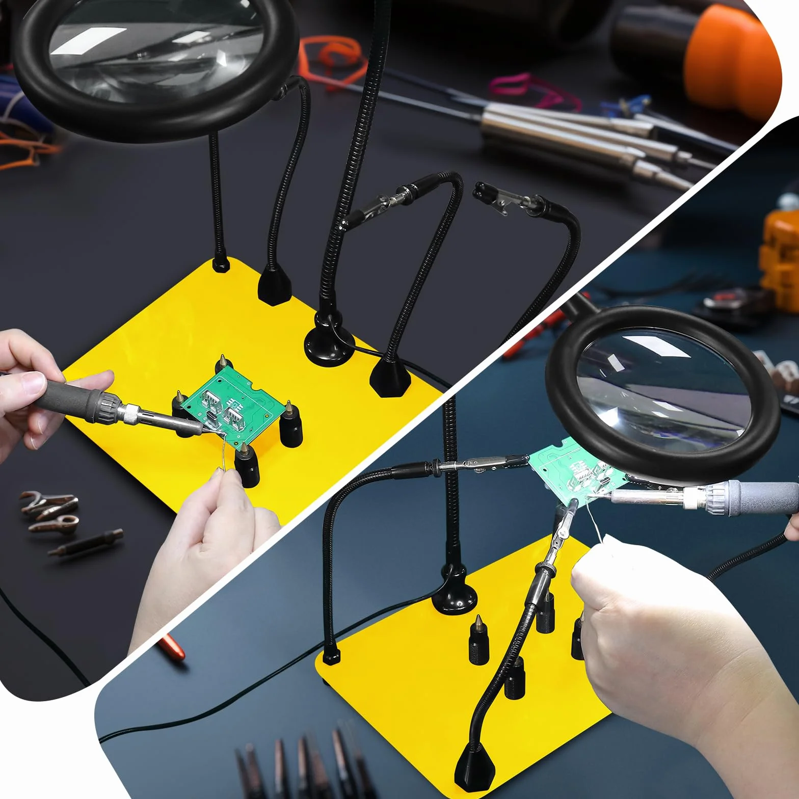 Magnetische helfende Hand, lötende Dritte Hände mit 3X LED Lupenlampe, 4 PCB Säulen Leiterplattenhaltermit mit Flexible Metallarme Elektronisches Reparaturwerkzeug