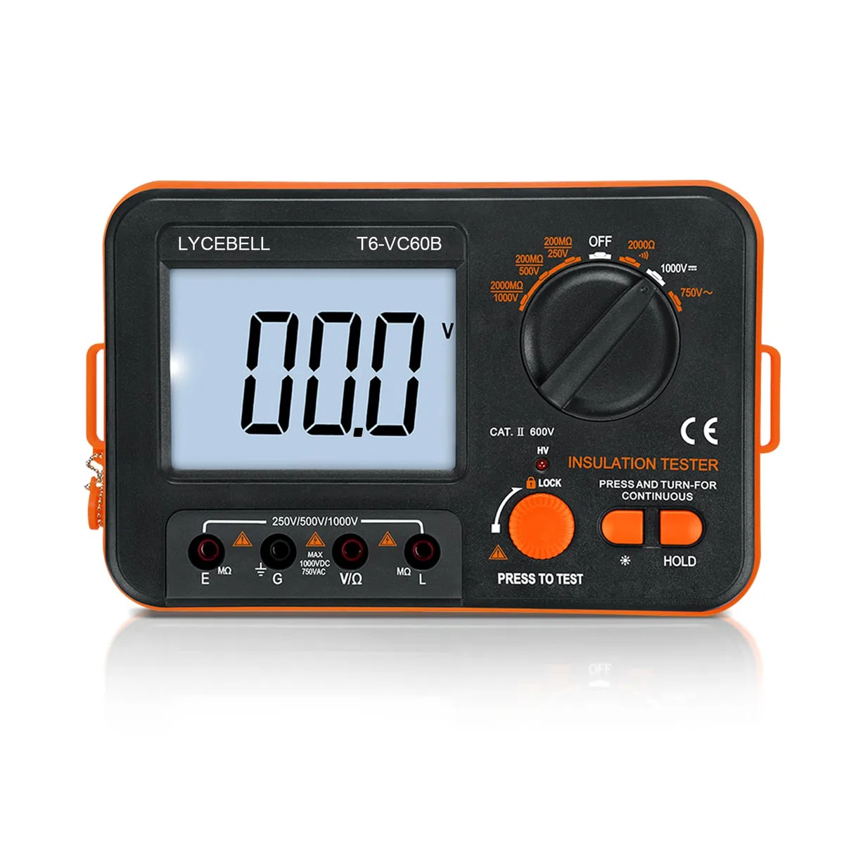 Digitale Isolationswiderstandstester LC-VC60B Megohmmeter 0,1~2000 MΩ Isolations Tester mit Hintergrundbeleuchtung Display, DC 250V/500V/1000V, AC 750V Prüfspannung mit Tonlichtalarmfunktion
