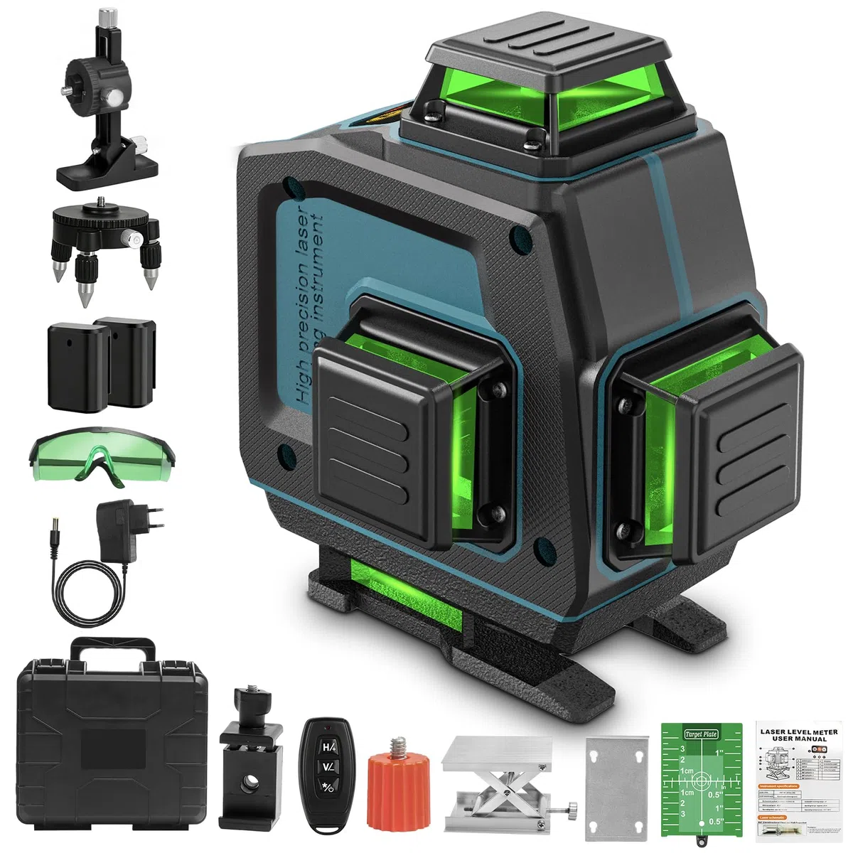 QUPERR 4D Kreuzlinienlaser Grün, 4x360° selbstnivellierende Laser Wasserwaage mit 16 Linien, Linienlaser/Baulaser für Fliesenlegen, Bilderaufhängen und Innenausbau (Ohne Stativ)