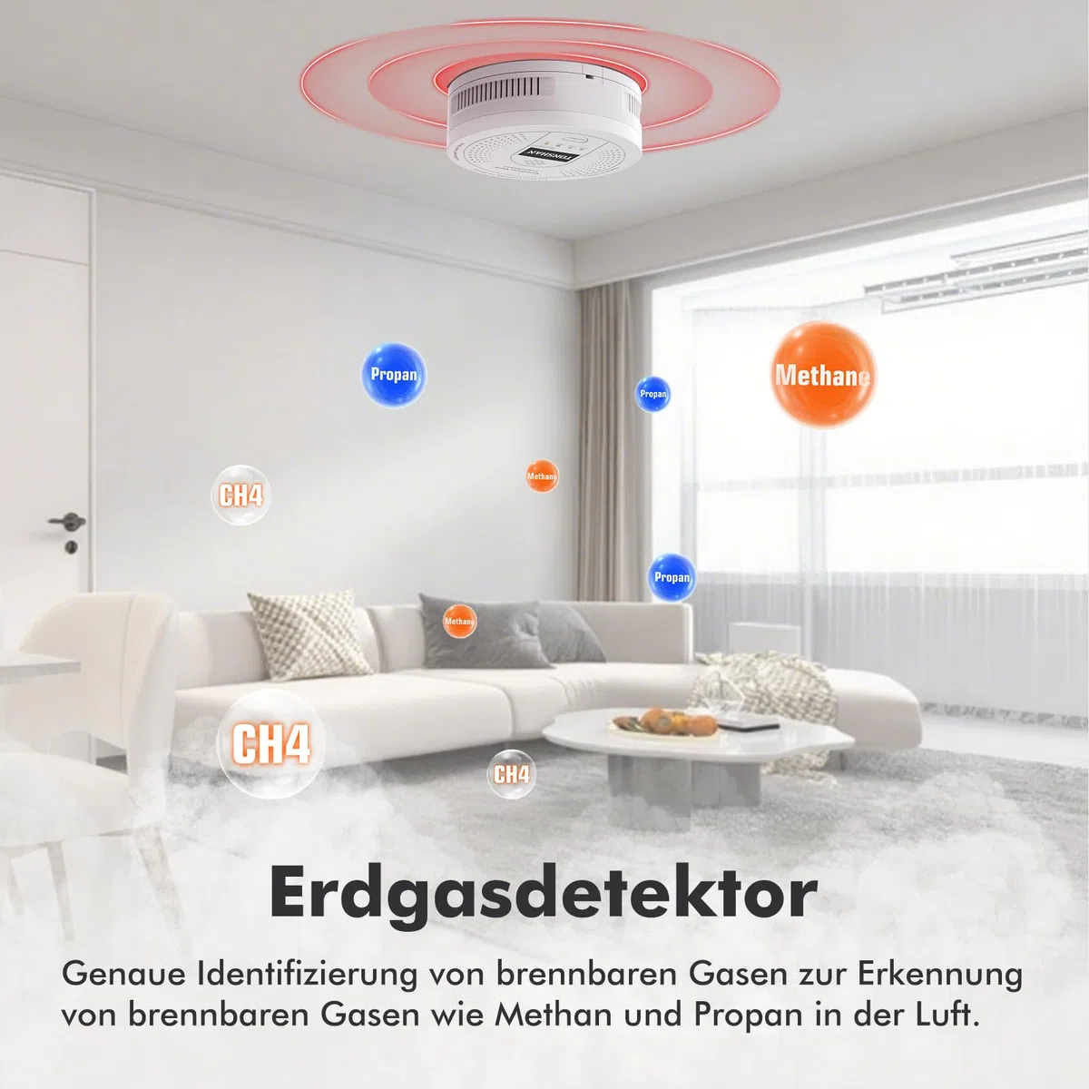 Gasmelder Erdgasdetektor CH4/Propan/Methan 100% Batteriebetrieben - Kombinierter Gasalarm mit Optischem & Akustischem Alarm - Gassensor für Sicherheit in Haushalt (Batterie enthalten)