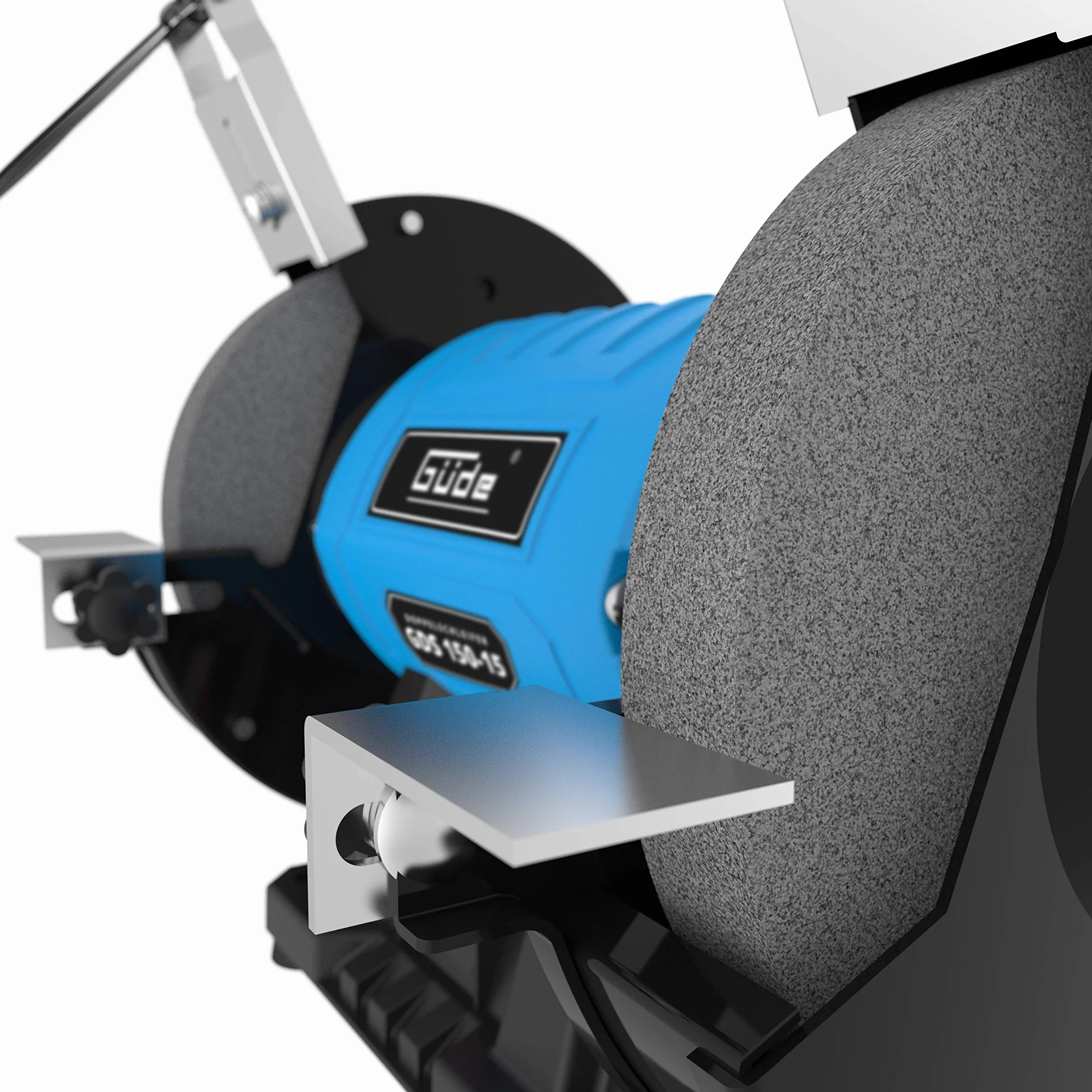 Güde Doppelschleifer GDS 150-15 (250 W, 2980 1/min Motordrehzahl, Grob- & Feinschleifscheibe 36|60 K, 150 mm ø, stabiler Maschinenfuß, kugelgelagerte Schleifachsen, verstellbare Arbeitsauflagen), Blau