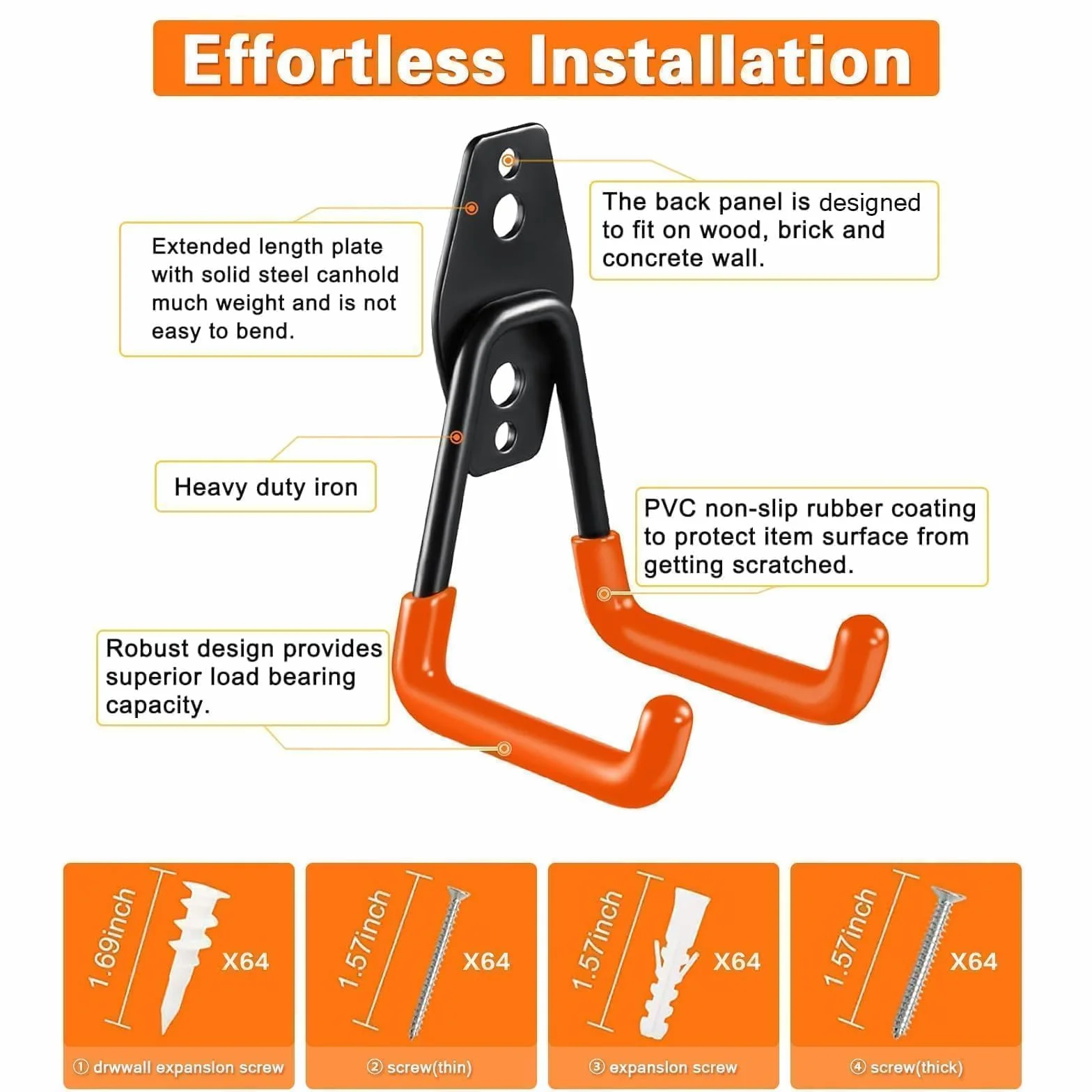 GUDEMAY 32-teiliges Garagenhaken Set Schwerlast Wandhaken für Garage | Wandhalterung für Werkzeuge, Fahrräder, Leitern, Schlauch und Gartengeräte, mit Schrauben & Anti-Rutsch-Beschichtung, Orange