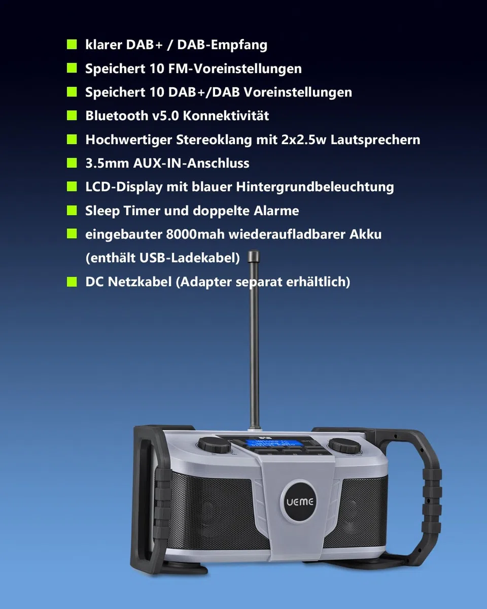 Baustellenradio DAB+ FM mit Akku, IP54 Wasserdicht & Staubdicht, Akku-Laufzeit bis 10h, 6W Stereo Lautsprecher, Bluetooth 5.0/Aux, Outdoor Digitalradio UKW mit Wecker(Grau)